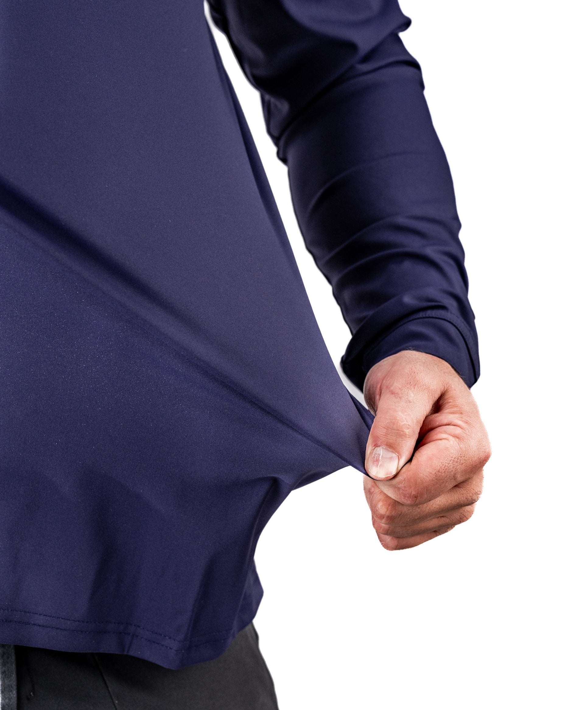 Lavender Performance Golf Hoodie showcasing a close-up of the fabric being stretched, emphasizing comfort and flexibility.