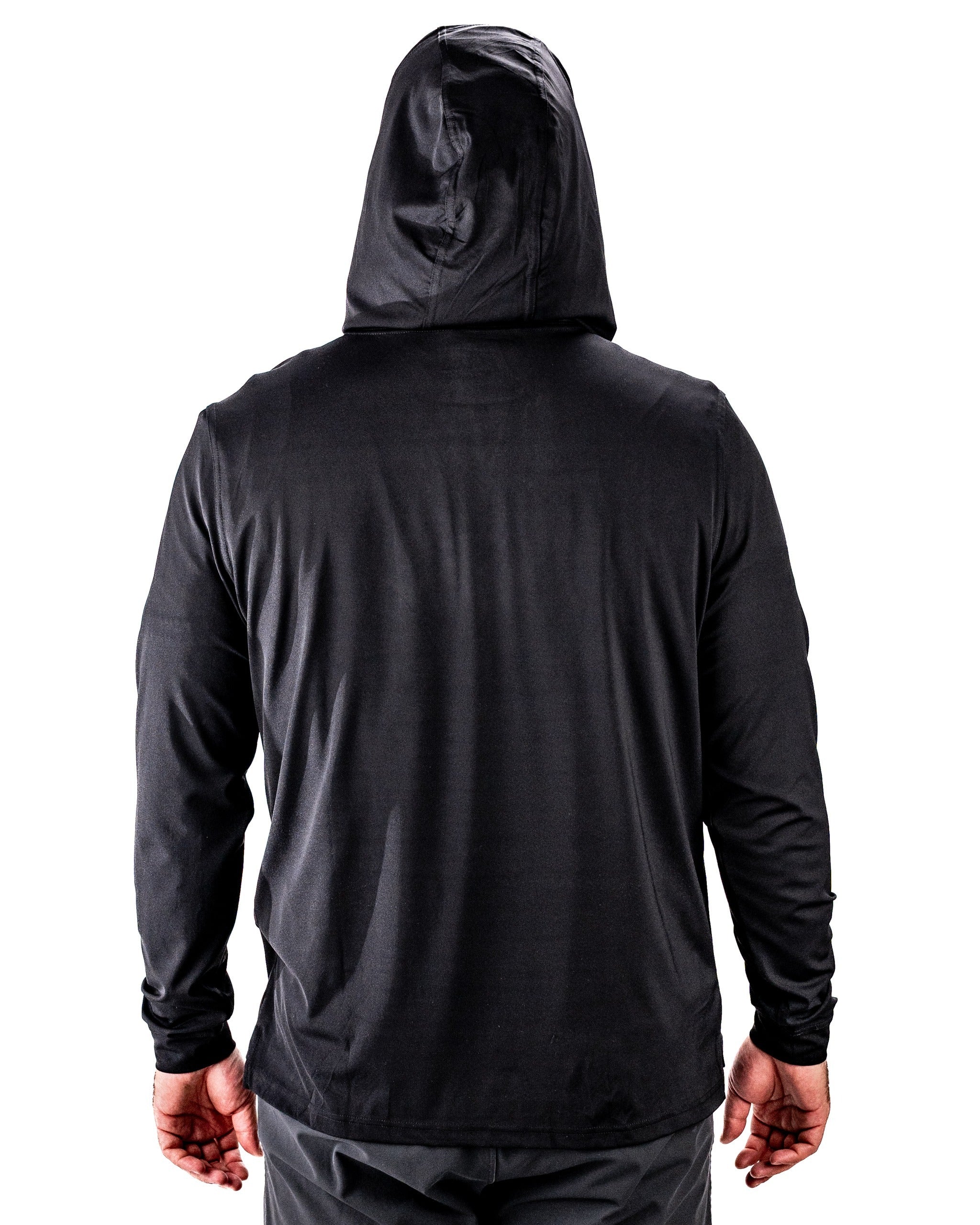 Men's performance golf hoodie in black, featuring a sleek design and hood, ideal for stylish comfort on the course.