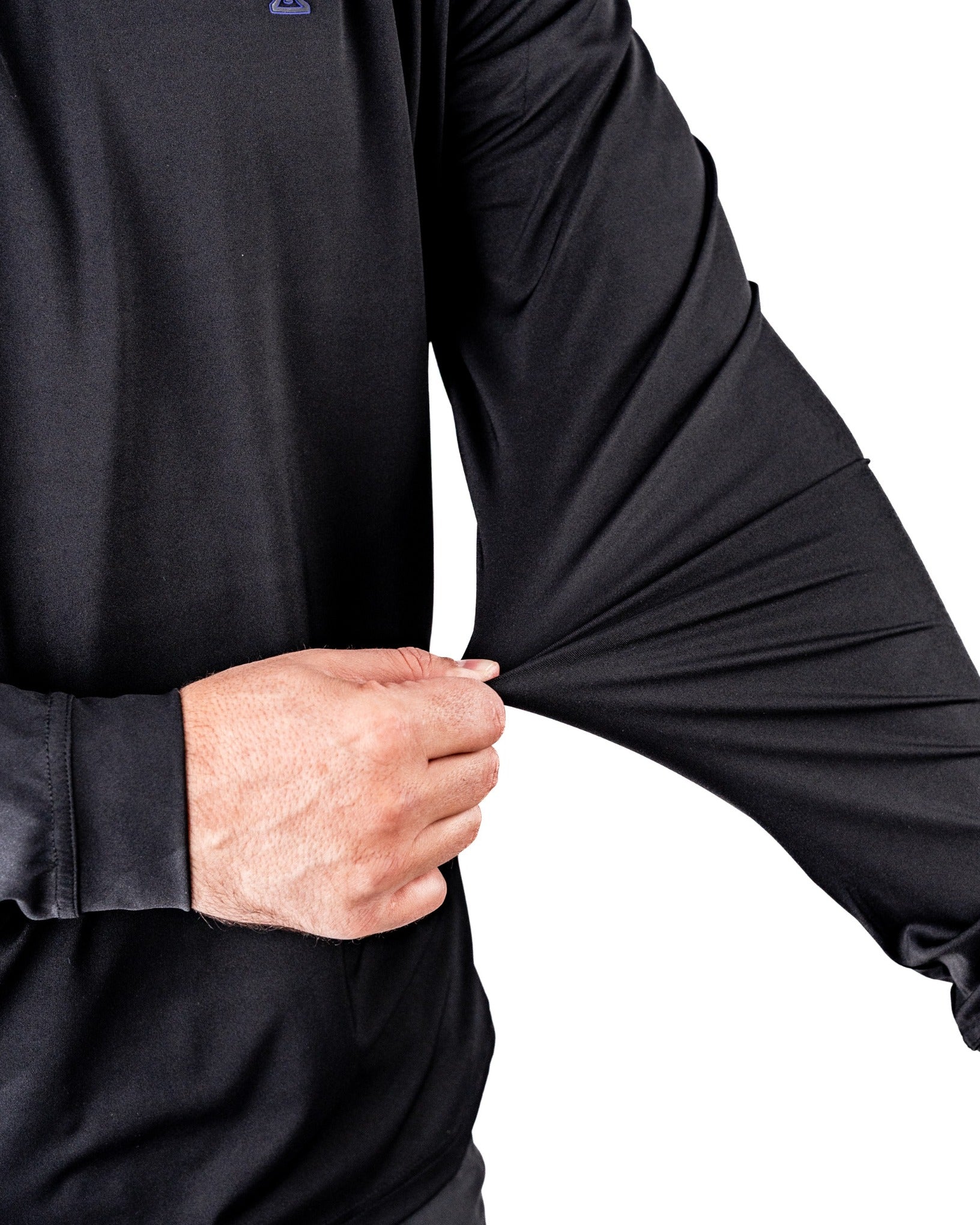 Men's black performance golf hoodie featuring a poker design, showcasing a close-up of the flexible fabric and fit.