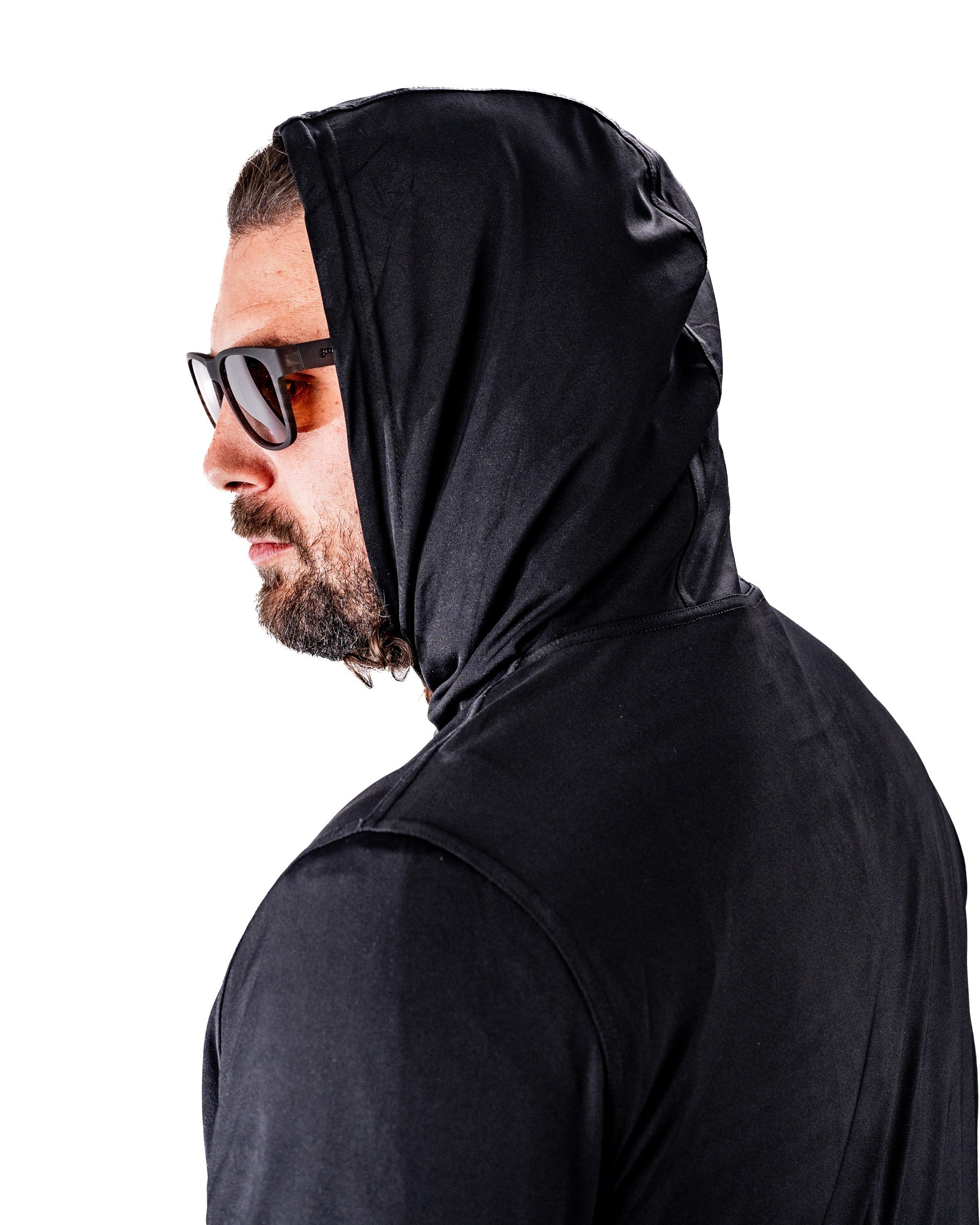 Men's performance golf hoodie in black with a poker theme, featuring a hood and stylish sunglasses for a bold look.