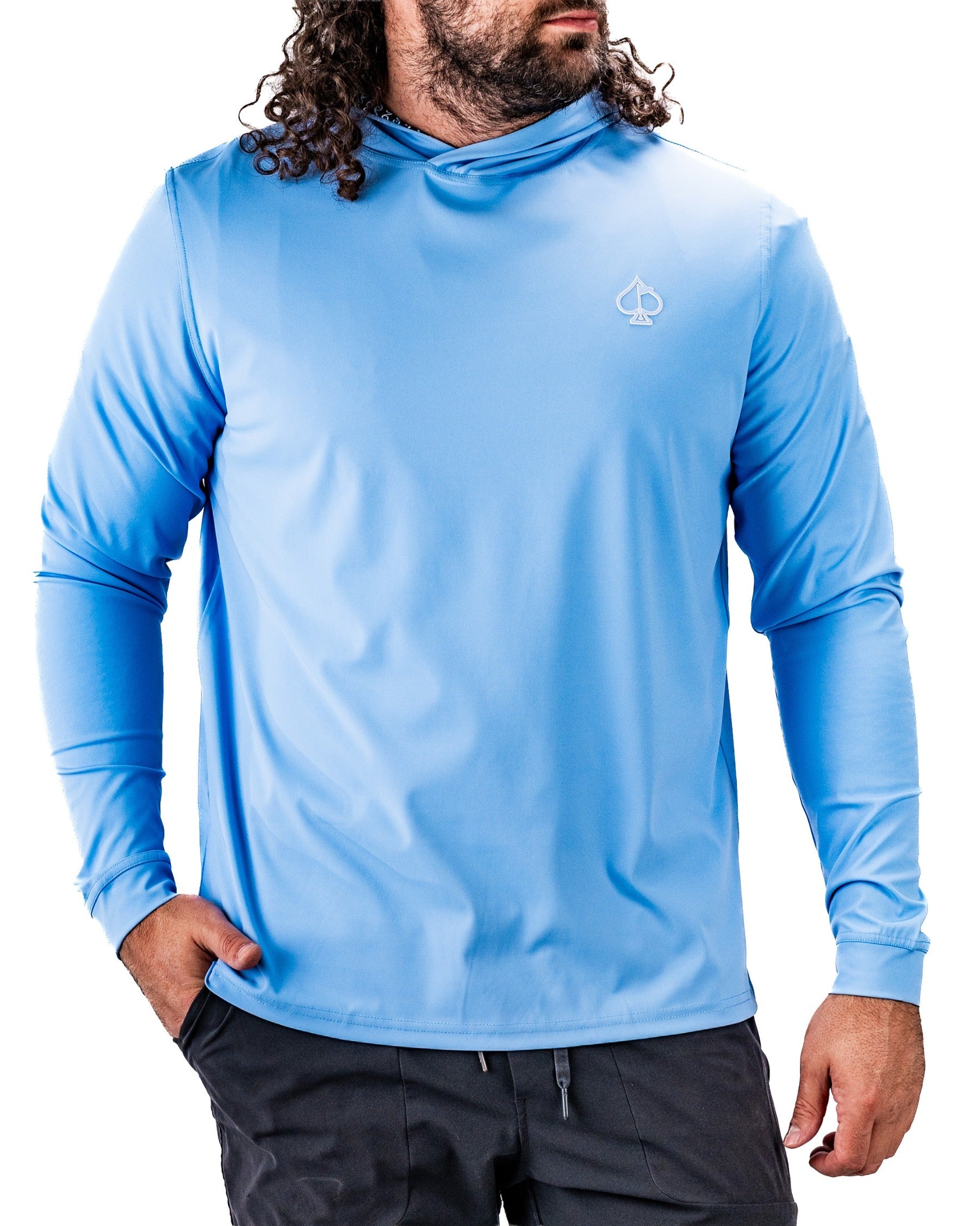 Men's performance golf hoodie in light blue, featuring a hood and spade logo, designed for comfort on the course.