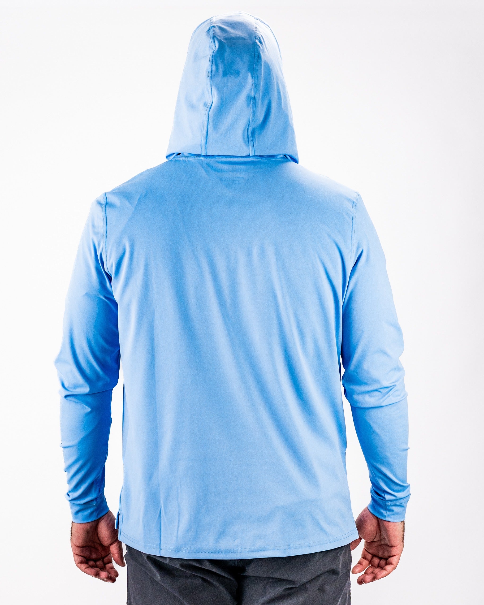 Men's performance golf hoodie in light blue, featuring a sleek design and a comfortable hood for optimal play.