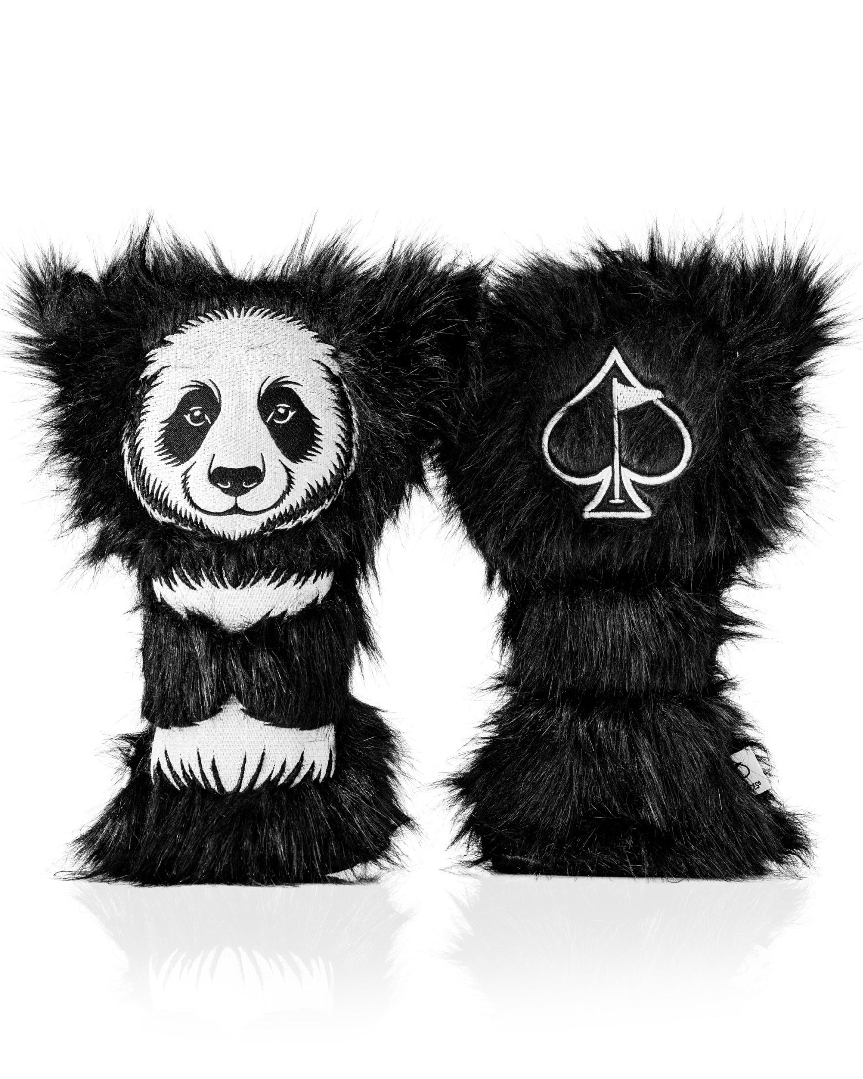 Bold panda driver cover featuring a furry design and spade logo, perfect for golfers wanting to stand out on the course.