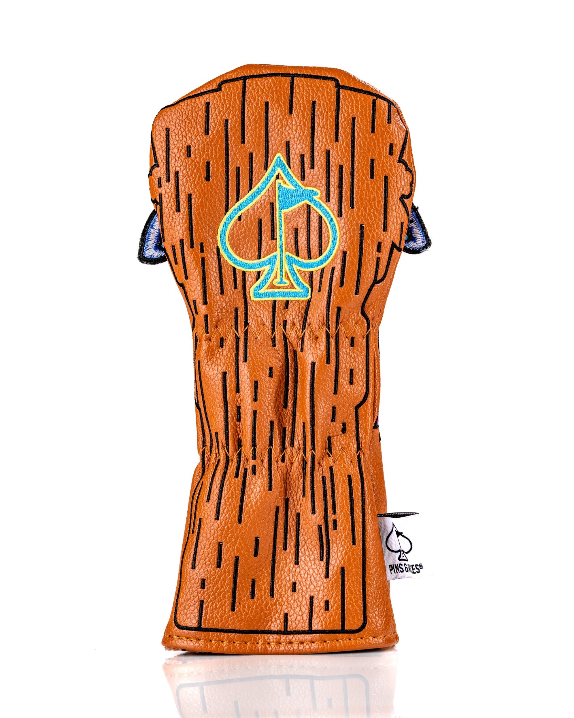 Tiki hybrid cover featuring a wood grain design and a blue spade logo, perfect for stylish golfers.