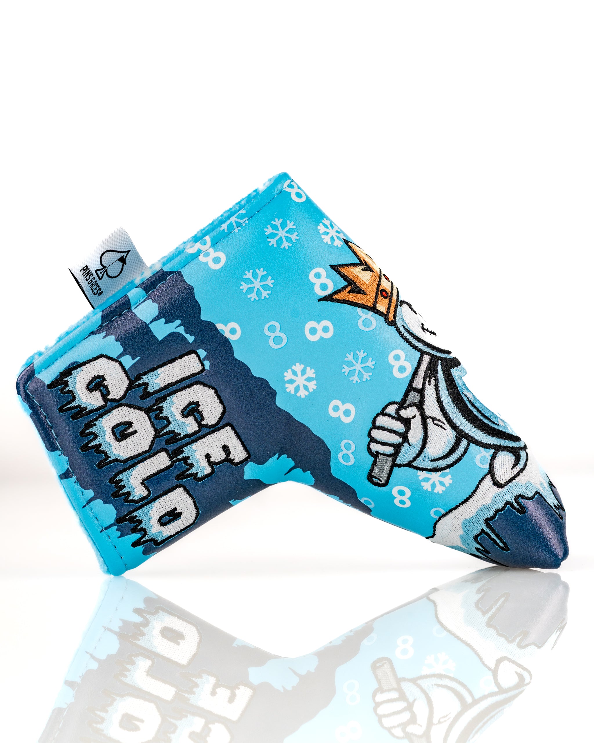 Snowman blade putter cover featuring a vibrant blue design with a playful snowman and "Ice Cold" text.