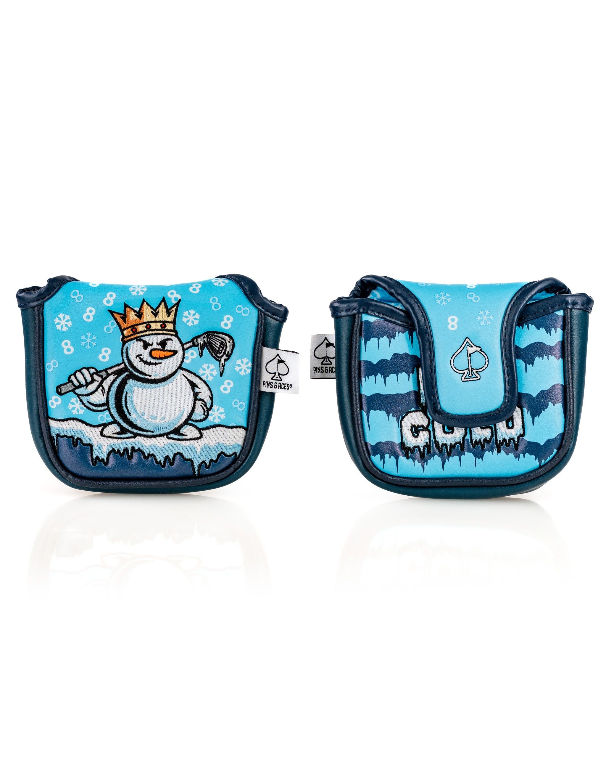 Snowman mallet cover featuring a playful snowman design with a crown on a blue icy background, perfect for golf enthusiasts.