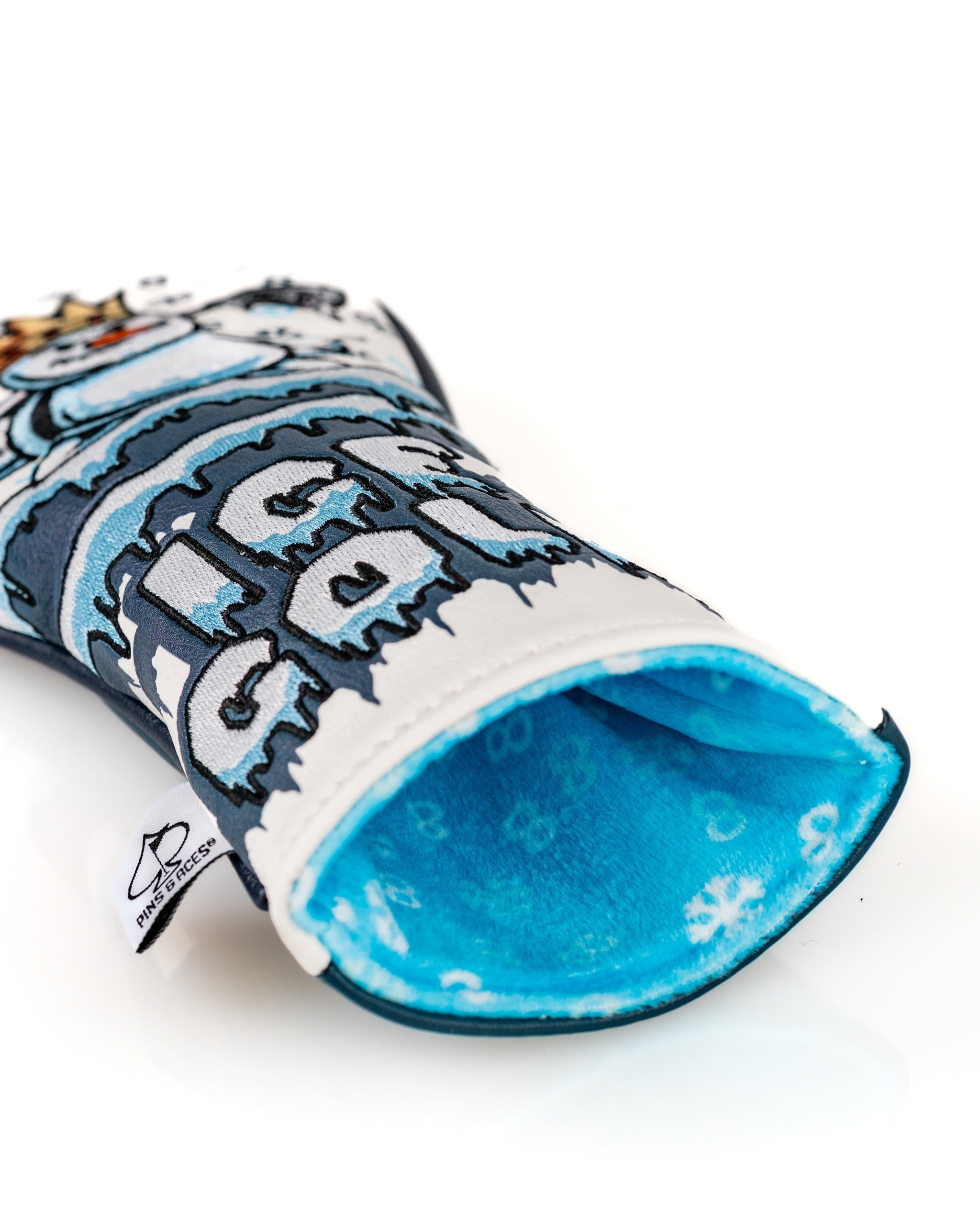Snowman hybrid golf club cover featuring a playful design with blue accents and a soft interior for protection.