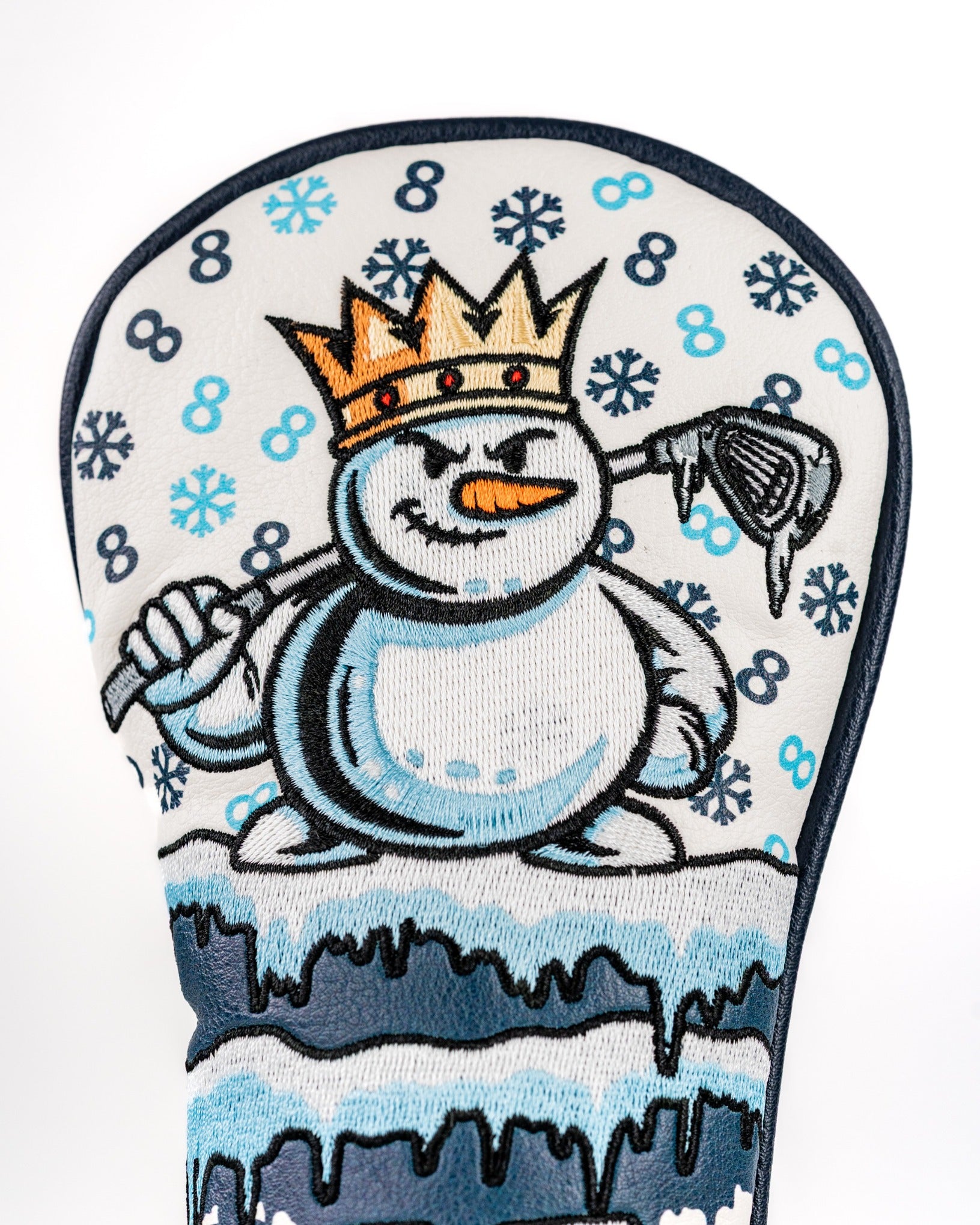 Snowman hybrid cover featuring a crowned snowman holding a golf club, designed for a fun and unique golf accessory.