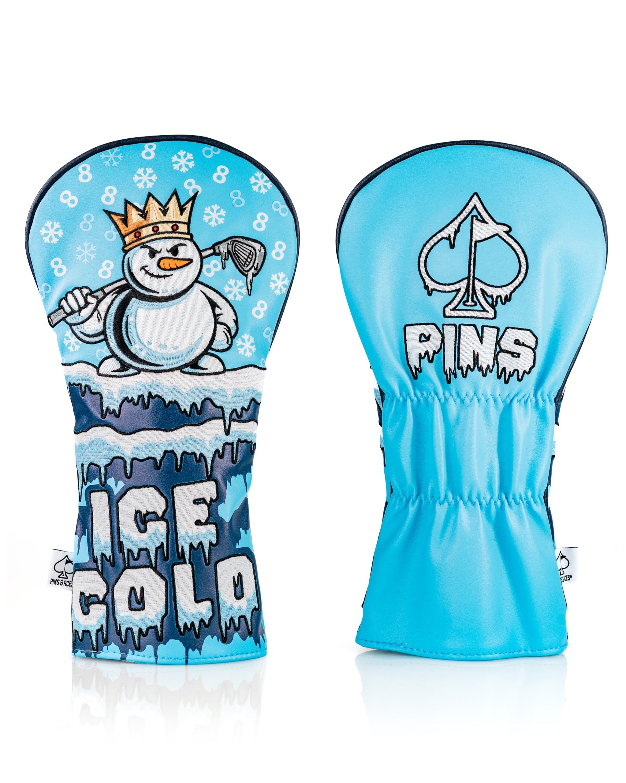 Bold snowman driver cover featuring a playful design with icy blue tones and a crown, perfect for standout golf style.