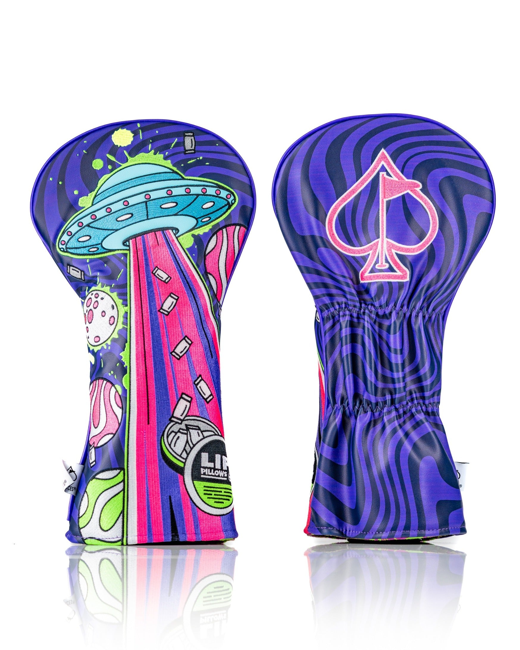 Bold alien-themed driver cover featuring a colorful UFO design and a spade logo, perfect for standout golfers.