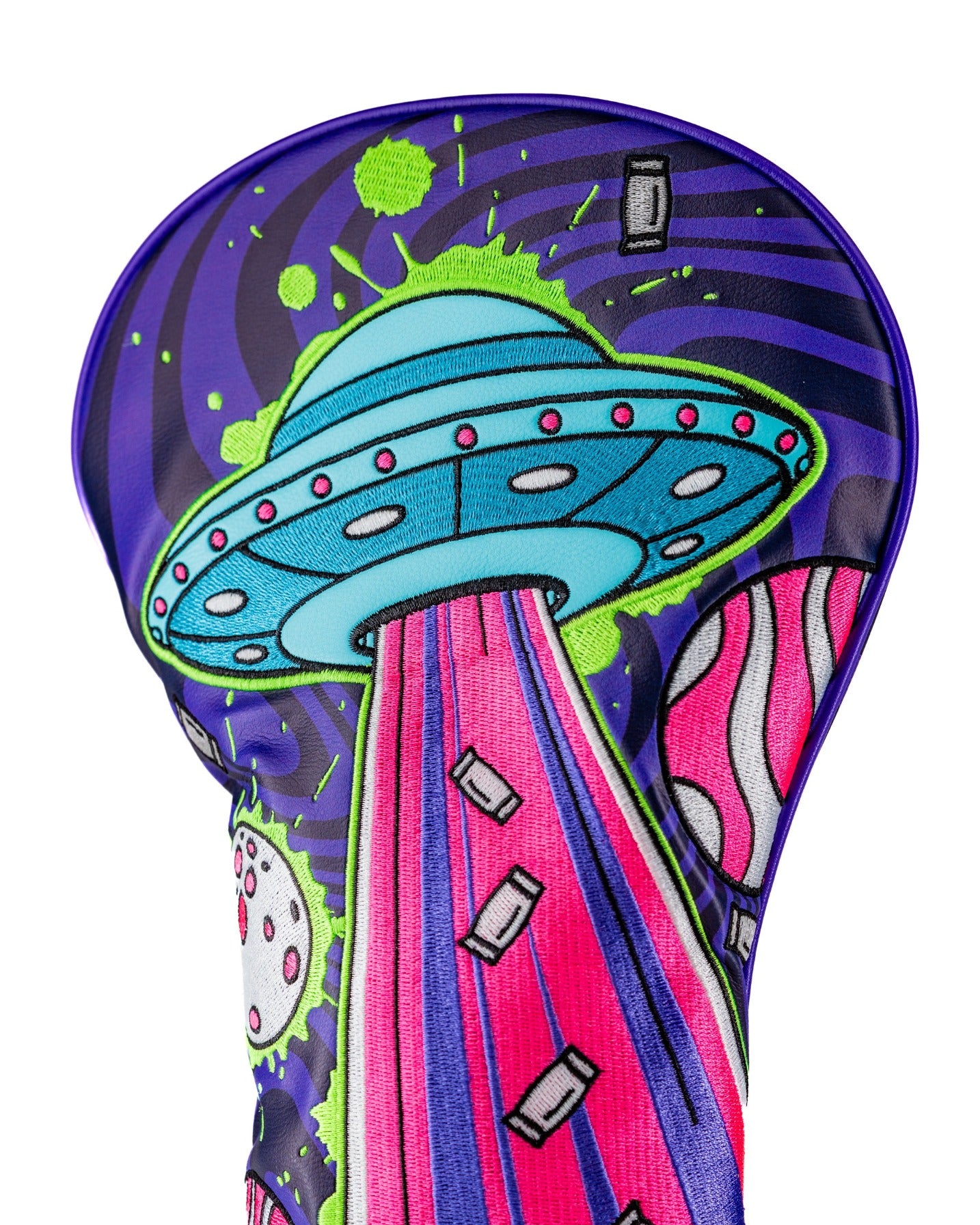 Vibrant alien-themed driver cover featuring a colorful UFO design with beams and abstract patterns, perfect for standout golfers.