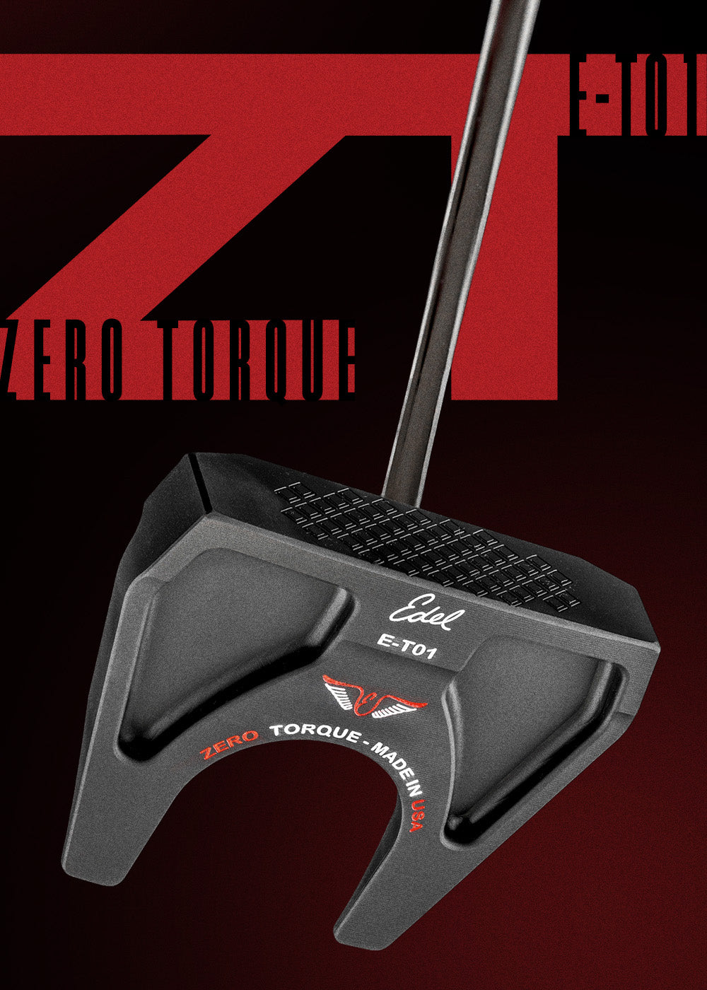 E-T01 Zero Torque mallet putter by Edel Golf, featuring a sleek black design and precision engineering for optimal performance.