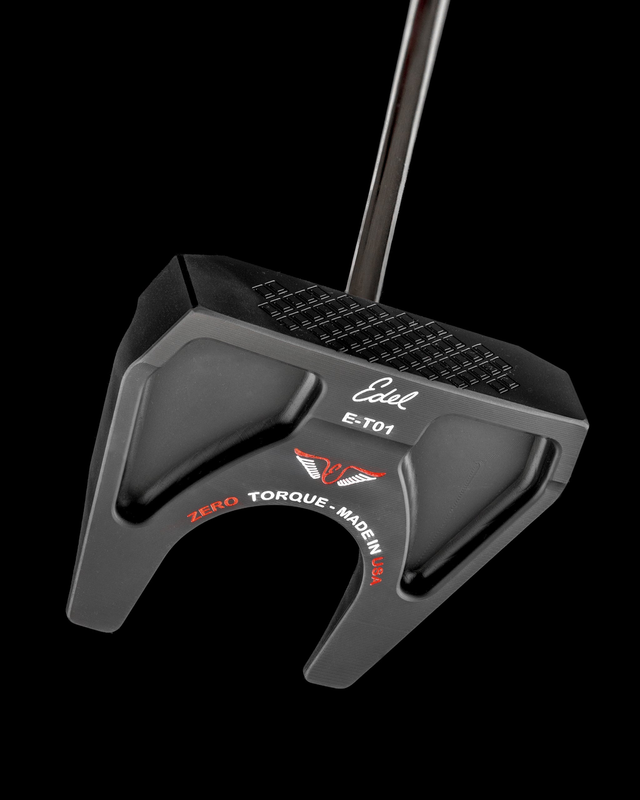 Edel Golf E-T01 Zero Torque mallet putter featuring a sleek black design and precision grip for enhanced performance.