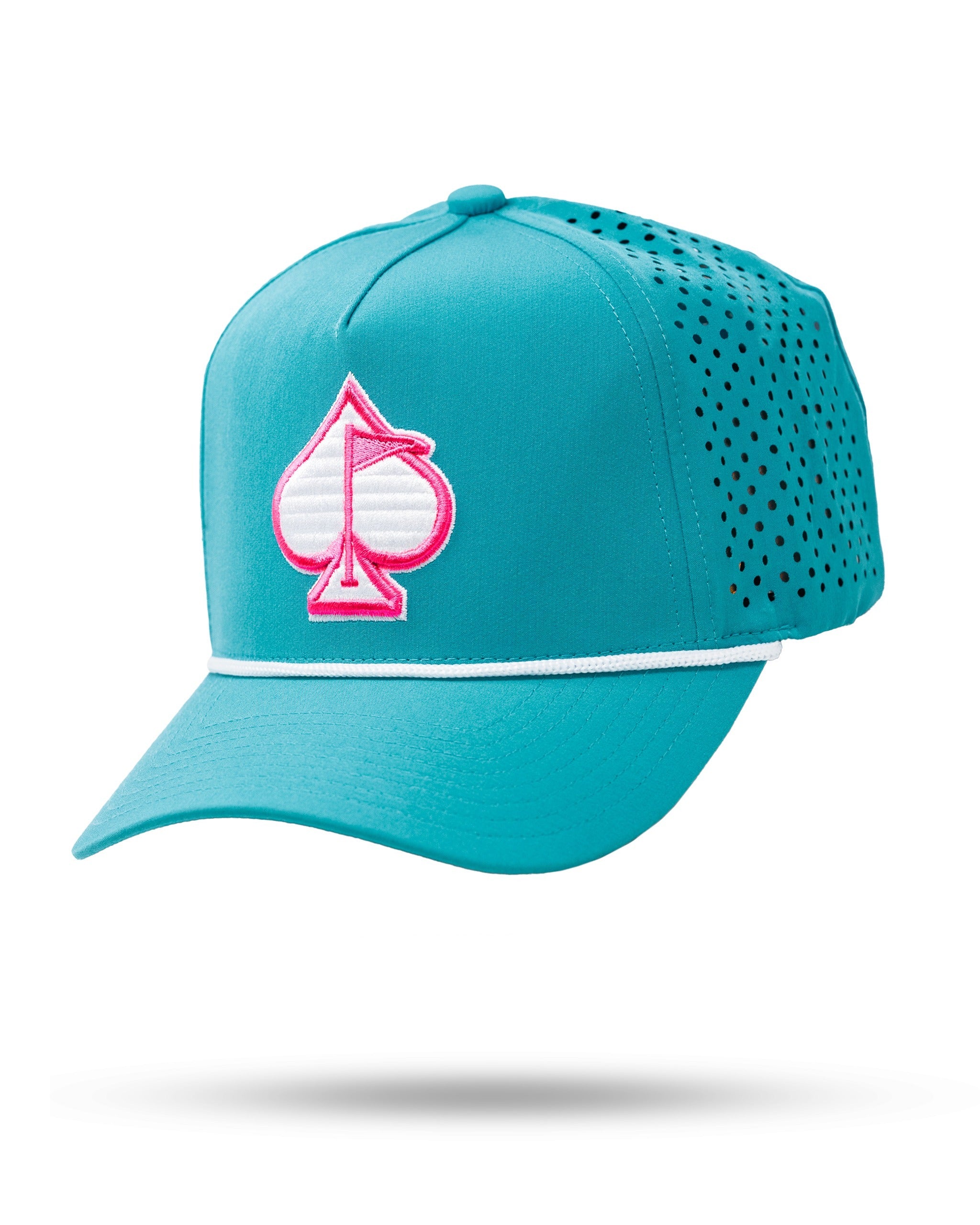 Perforated baby blue rope hat featuring a pink spade logo and white trim, designed for stylish golfers.