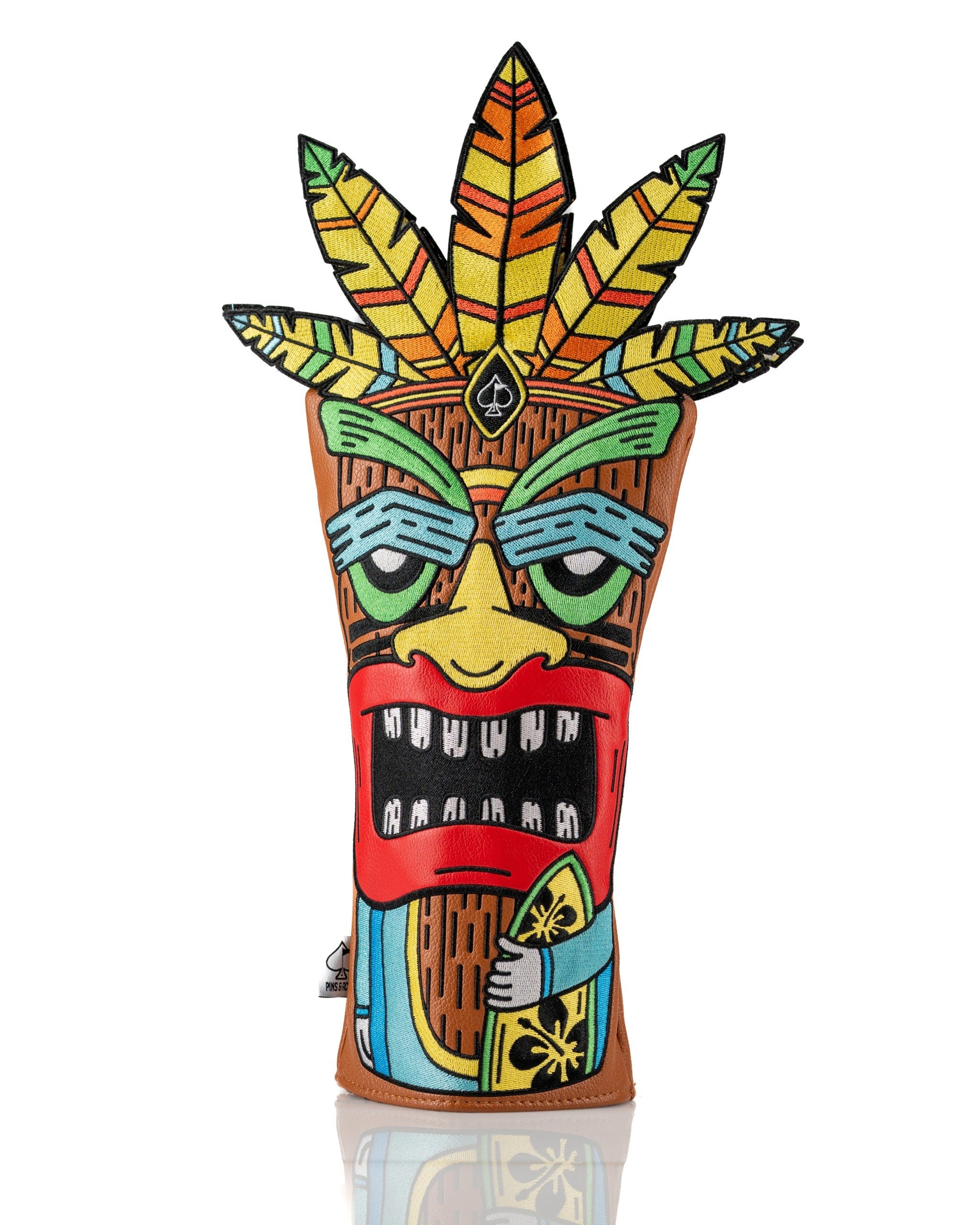 Colorful tiki driver cover featuring a vibrant design with a tiki face and tropical leaves, perfect for bold golfers.