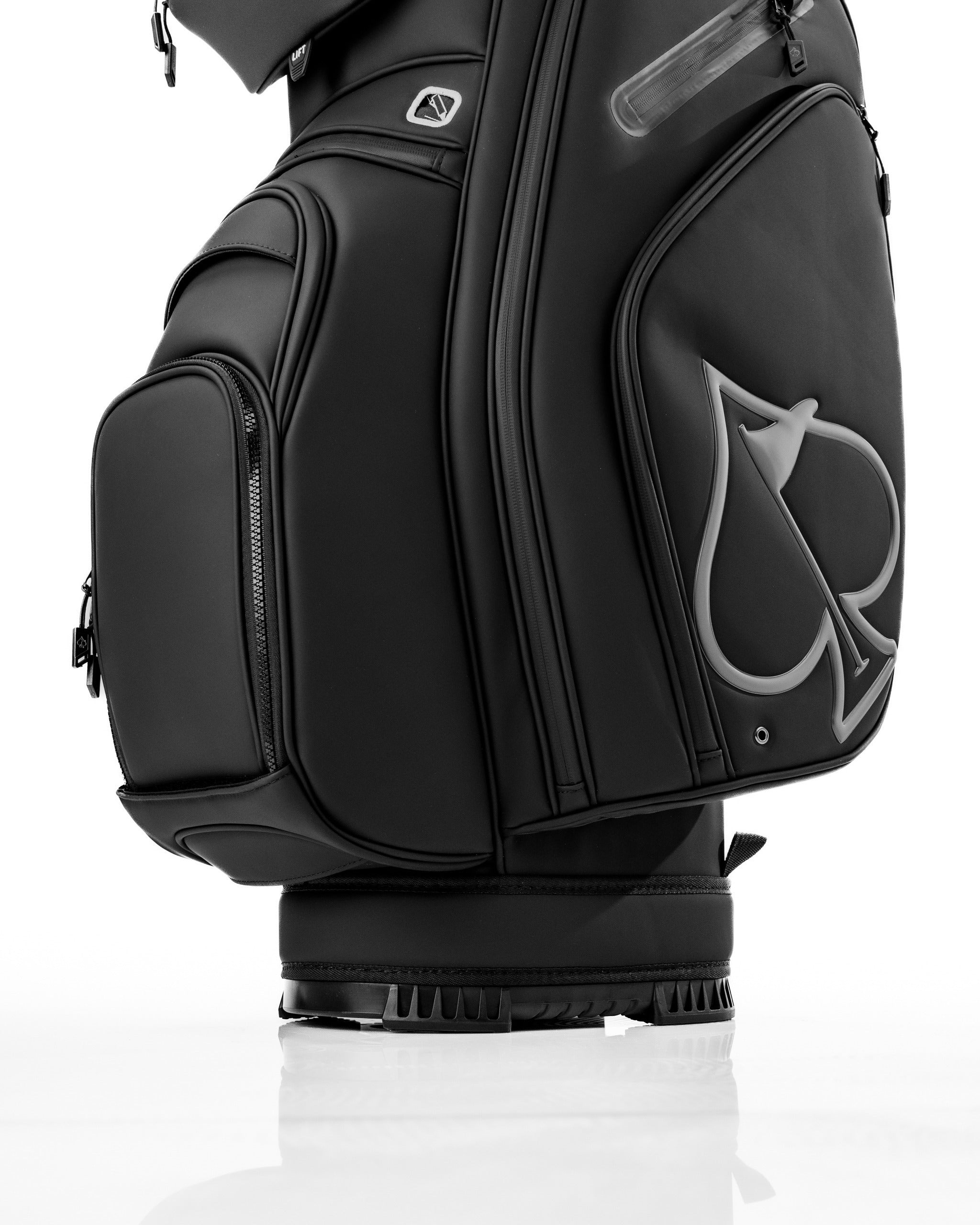 Sleek black Player Preferred™ cart bag featuring a stylish design and multiple pockets for golf accessories.