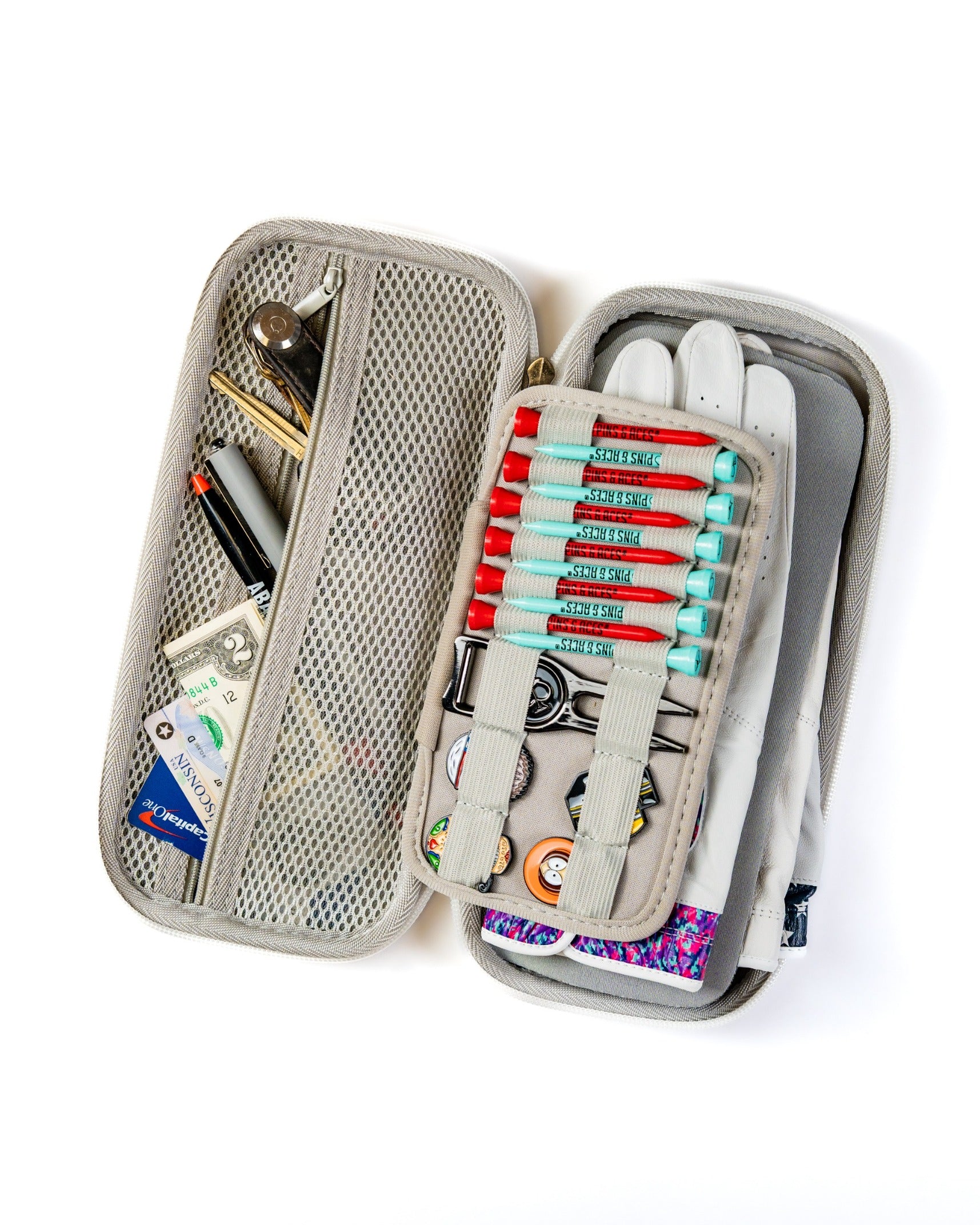Gray glove and accessory caddie featuring organized compartments for gloves, tees, and personal items, ideal for golfers.
