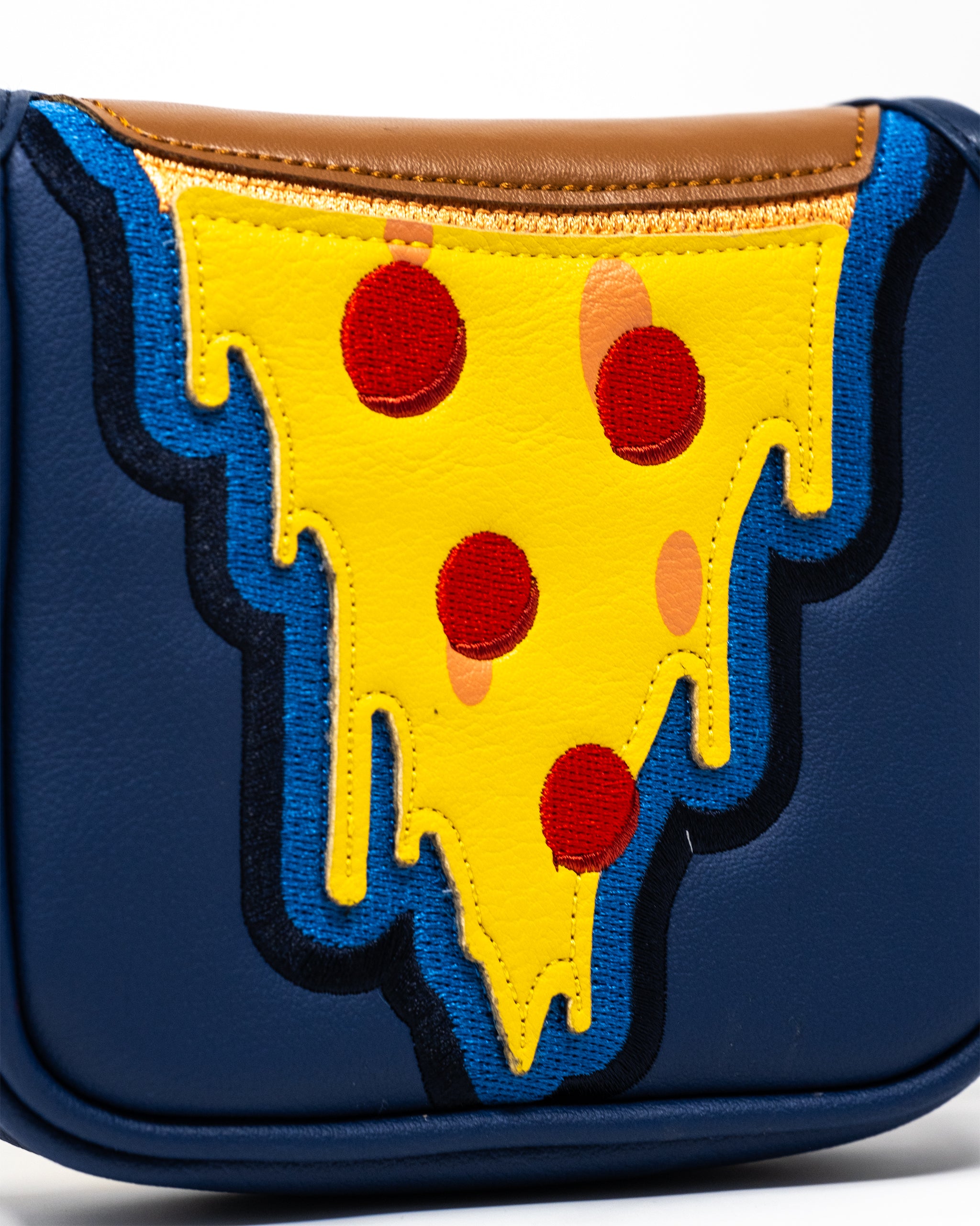 Pizza-themed mallet putter cover featuring a colorful design with a realistic pizza slice illustration.