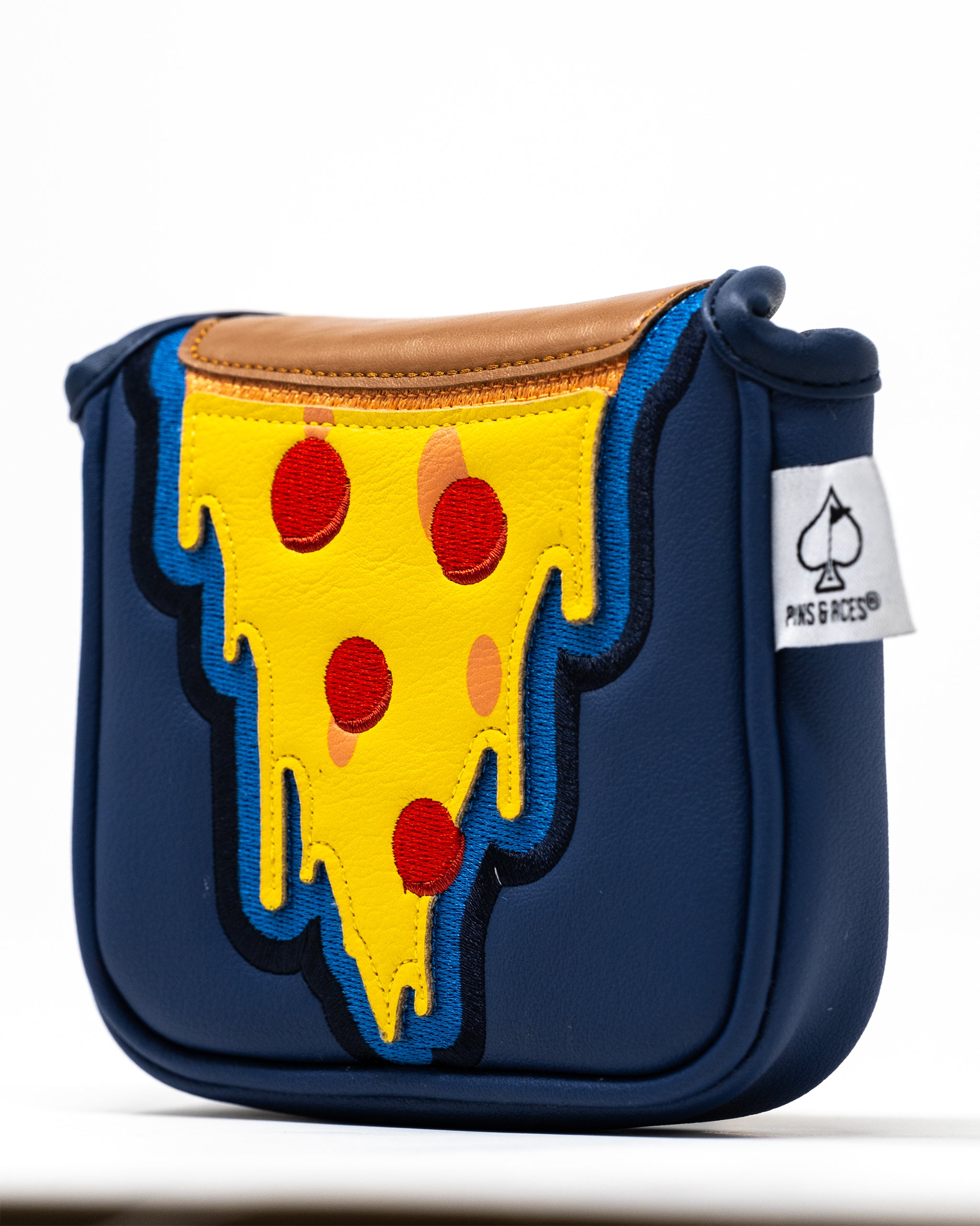 Alt text: Pizza-themed mallet putter cover featuring a vibrant pizza design on a soft fabric.