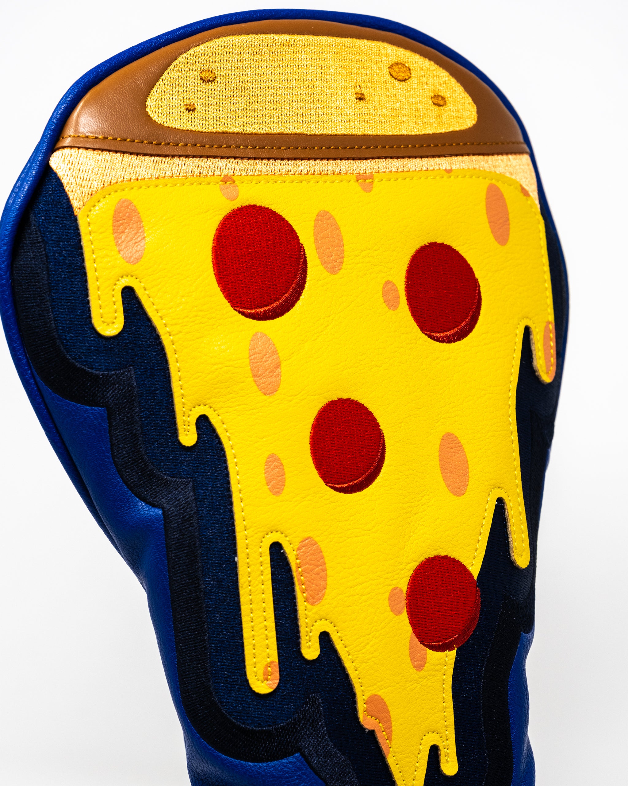 Pizza driver cover featuring a realistic pizza slice design, ideal for golf enthusiasts.