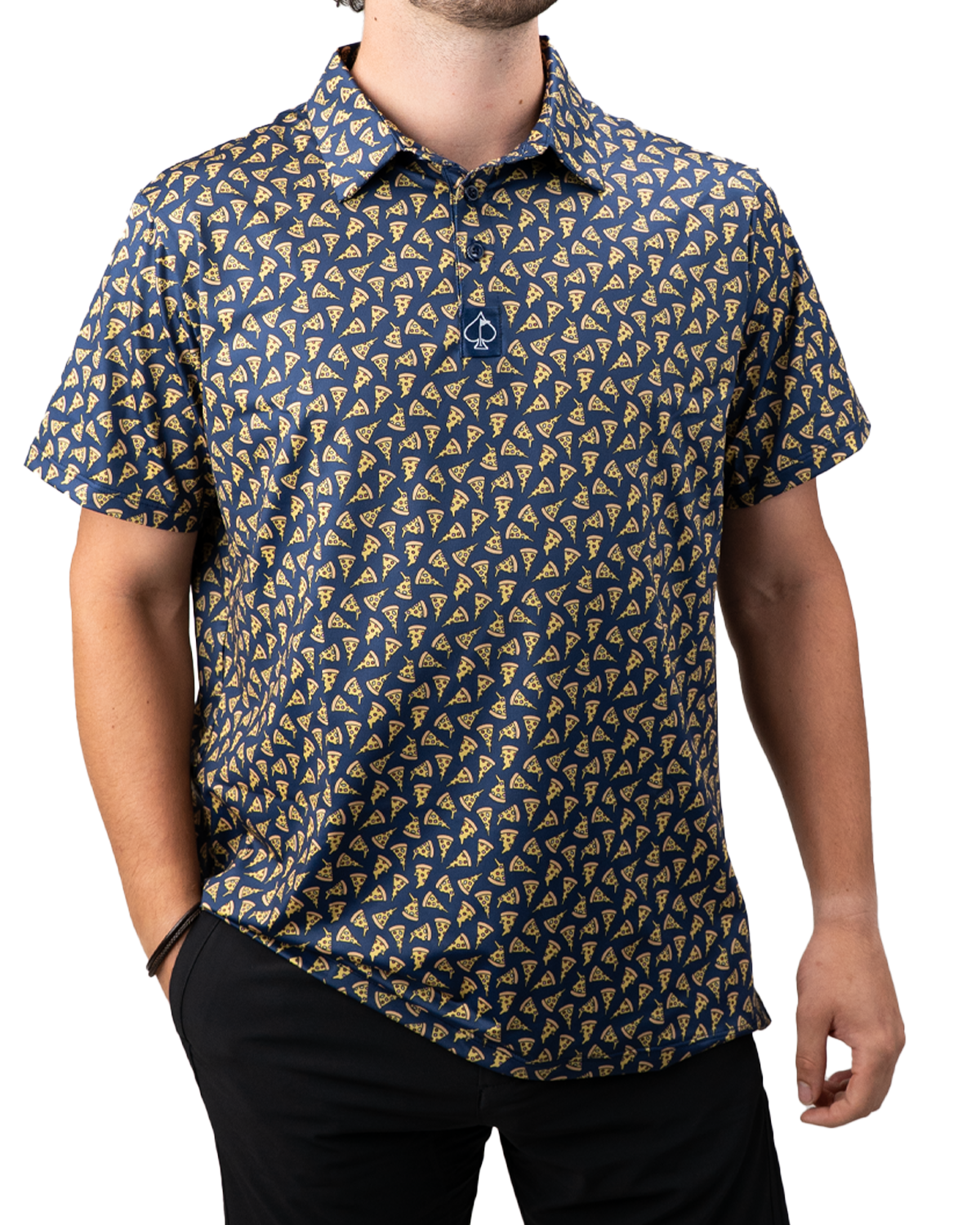 Navy golf polo shirt featuring a playful pizza slice pattern, perfect for stylish golfers who love unique designs.