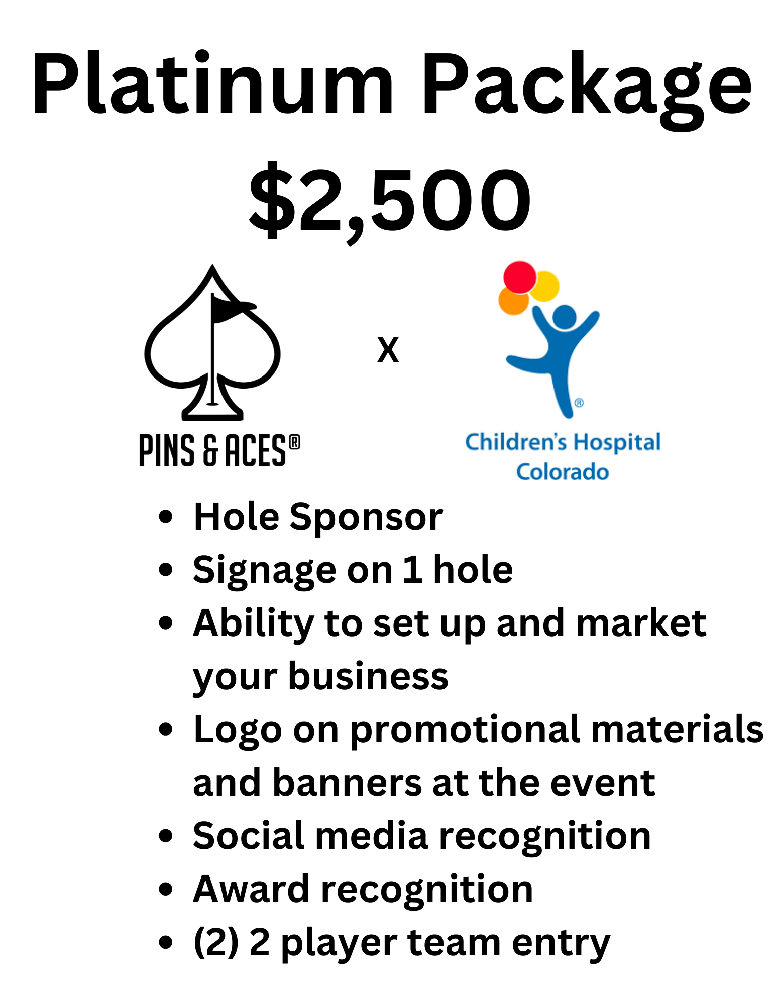 "Platinum package for Pins and Aces x Children's Hospital NICU Golf Tournament on June 2nd, featuring promotional materials and event details."