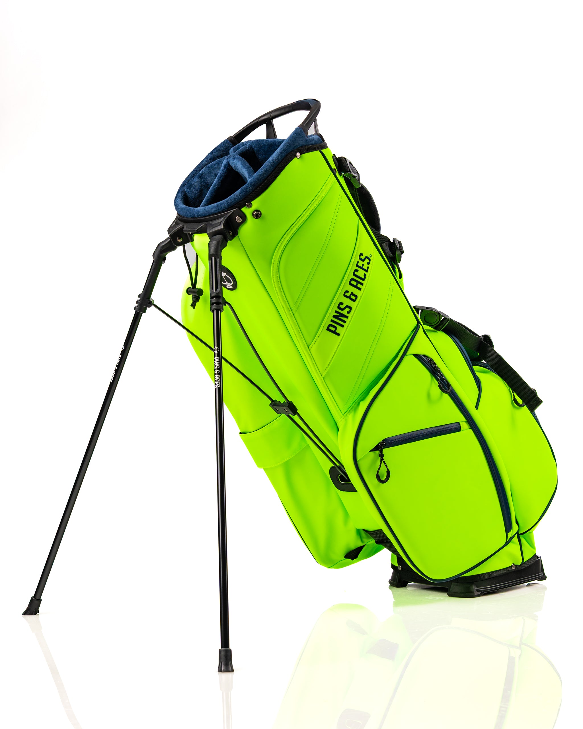 Bright electric tide golf bag with a sleek design, featuring adjustable legs and multiple pockets for golfers.
