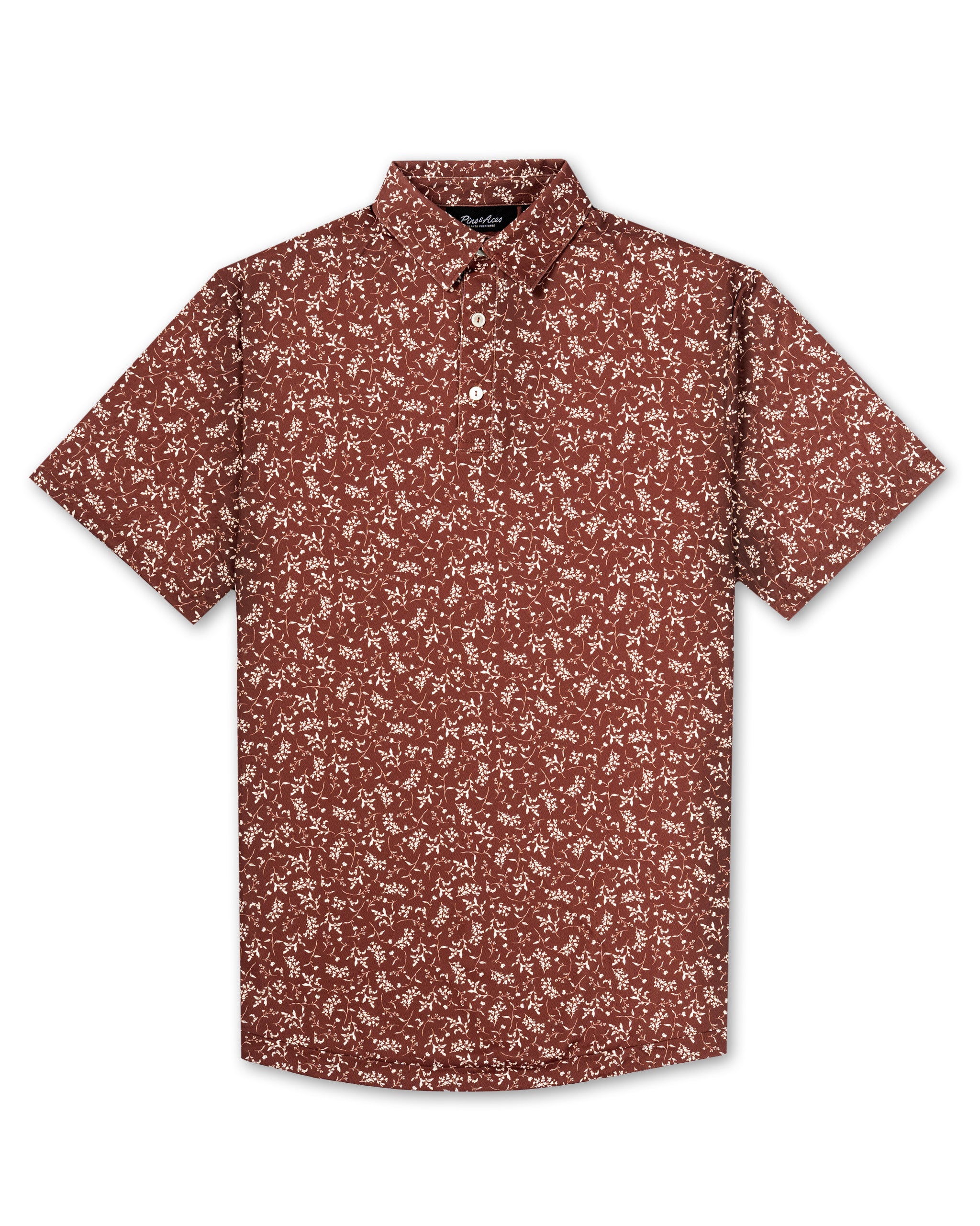 Men's short-sleeve shirt in a rich rust color with a white floral pattern, perfect for stylish golf outings.