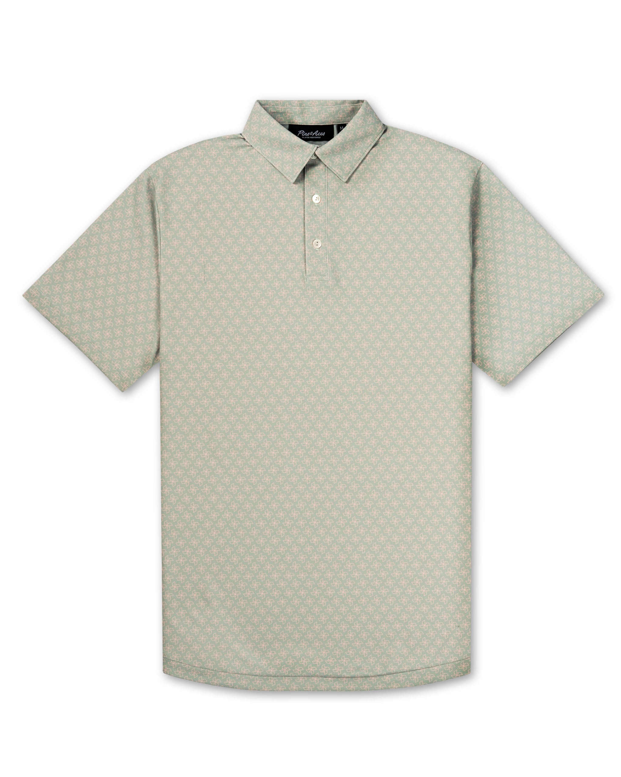 Light green polo shirt featuring an origami-inspired pattern, designed for golfers seeking a stylish and unique look on the course.