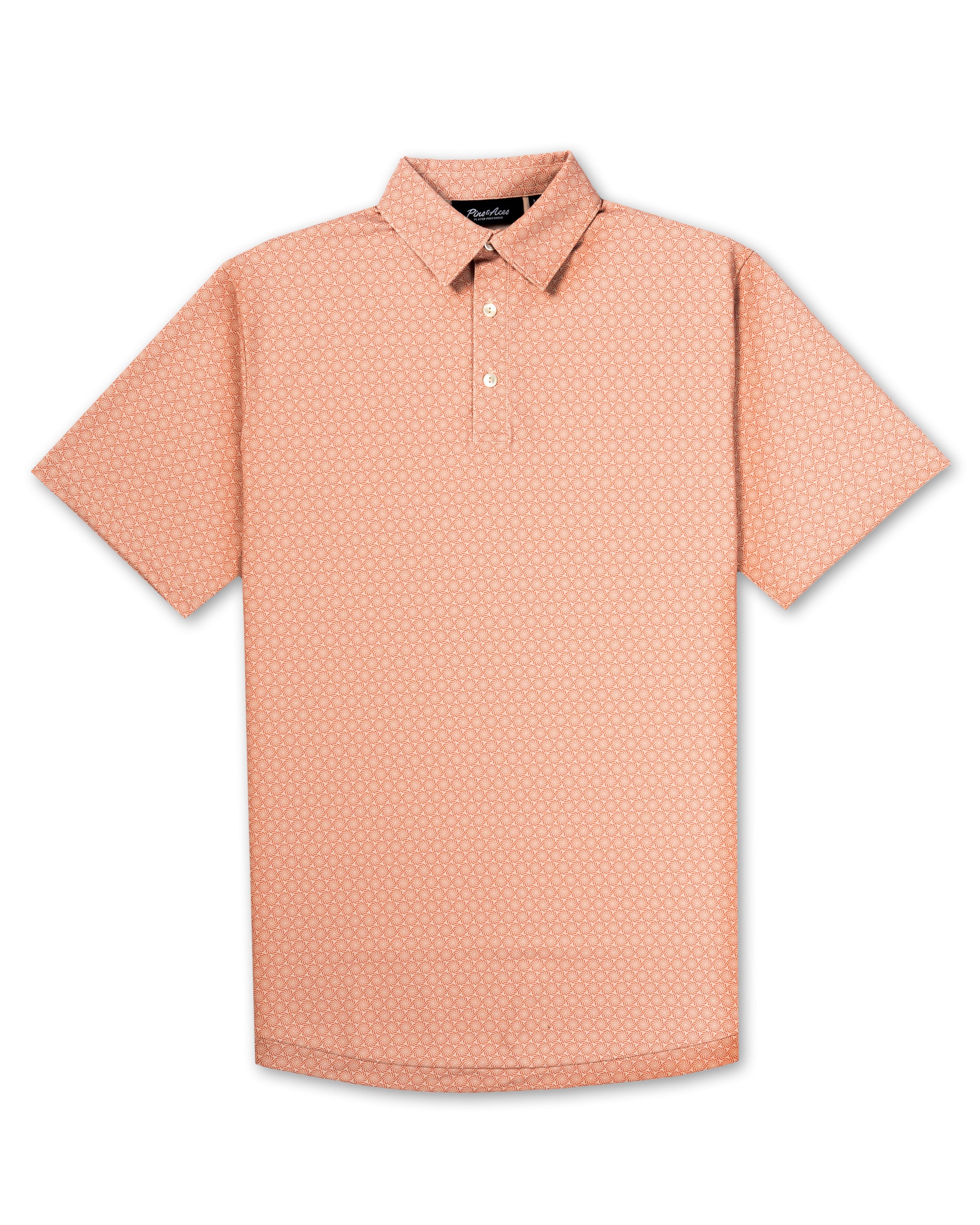 Light orange polo shirt featuring a subtle geometric pattern, designed for stylish golfers seeking a standout look.
