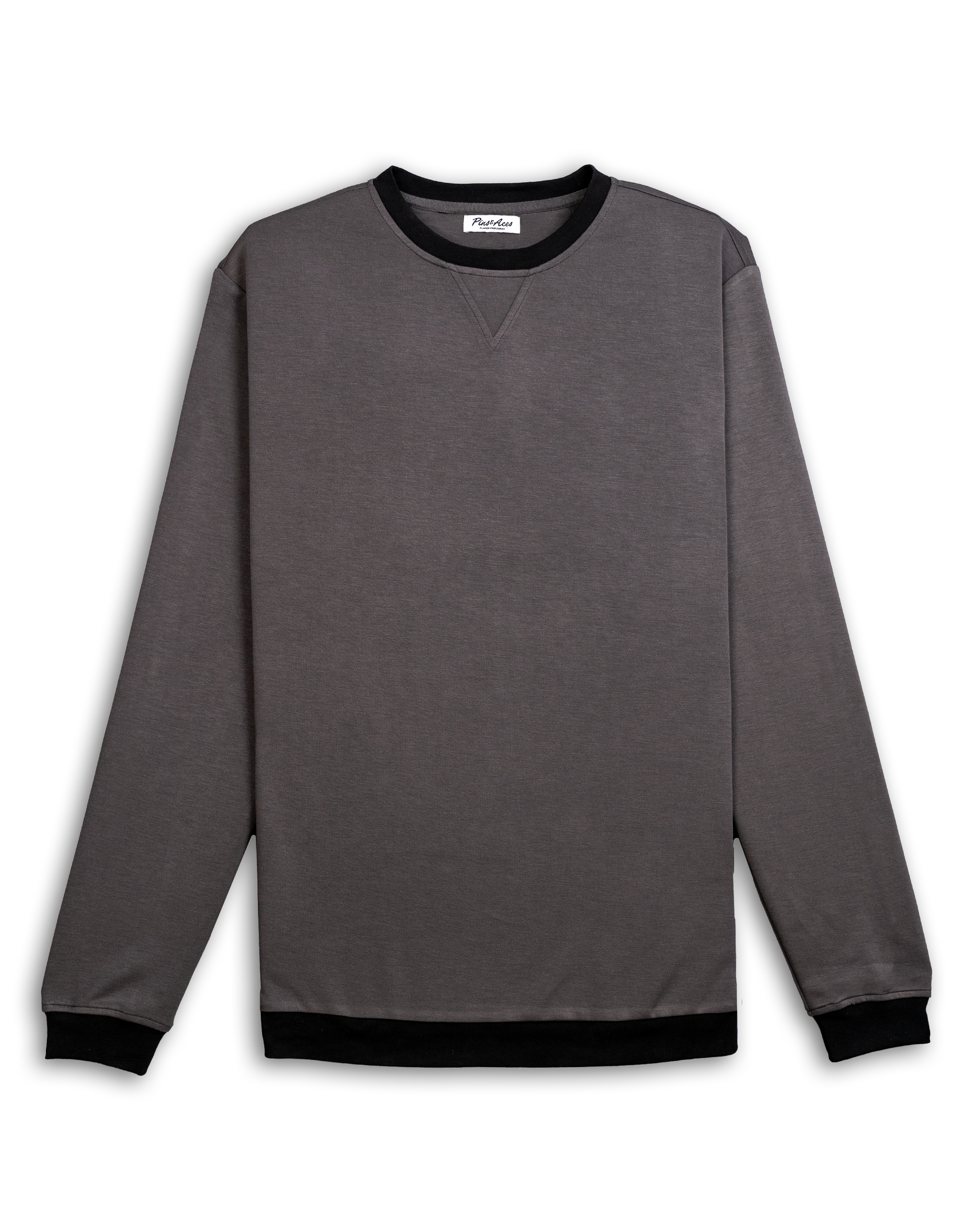 Slate grey crewneck sweatshirt with black collar and cuffs, featuring a relaxed fit and casual style.