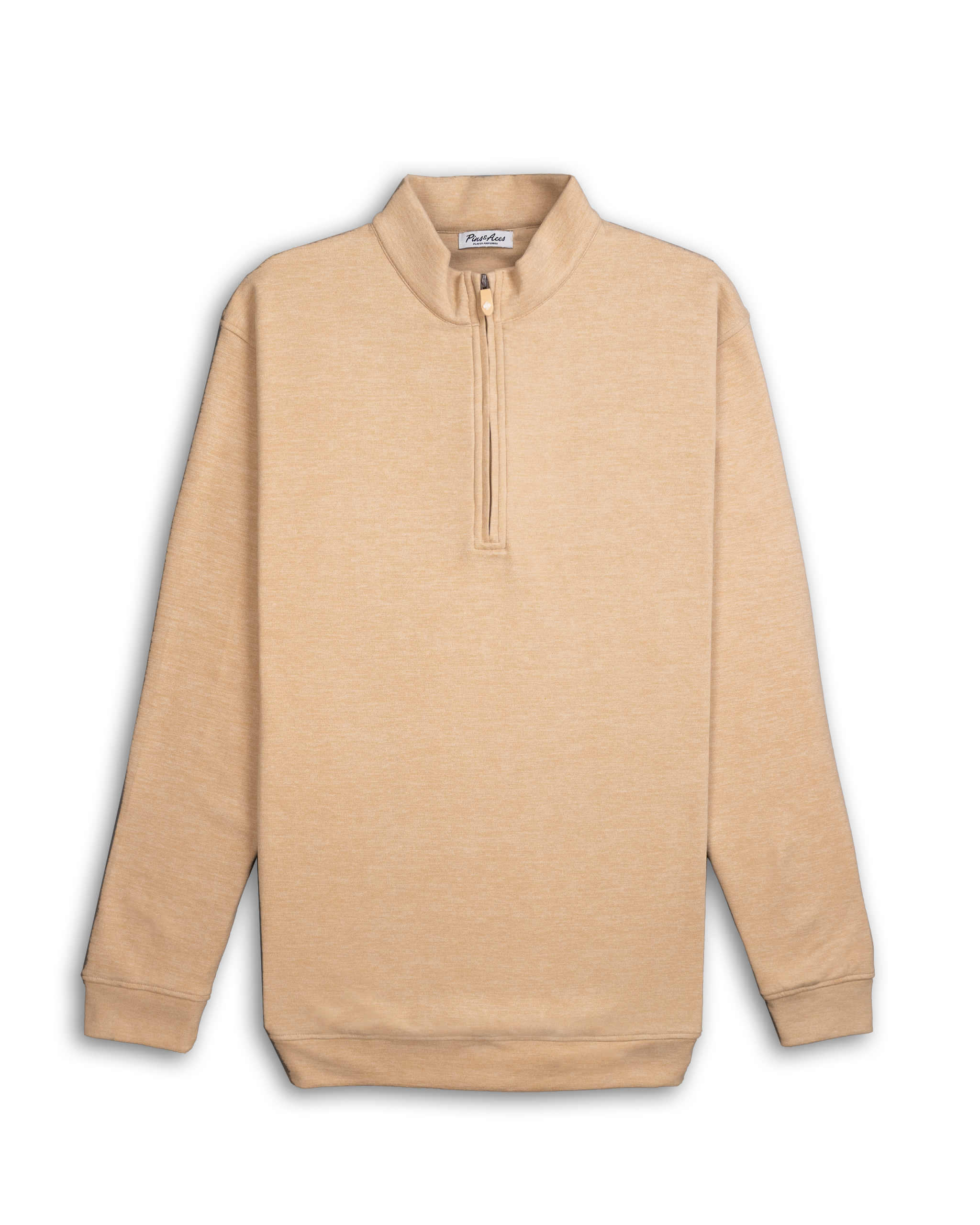 Sand-colored Player Preferred™ pullover with a quarter-zip neckline, long sleeves, and a relaxed fit.