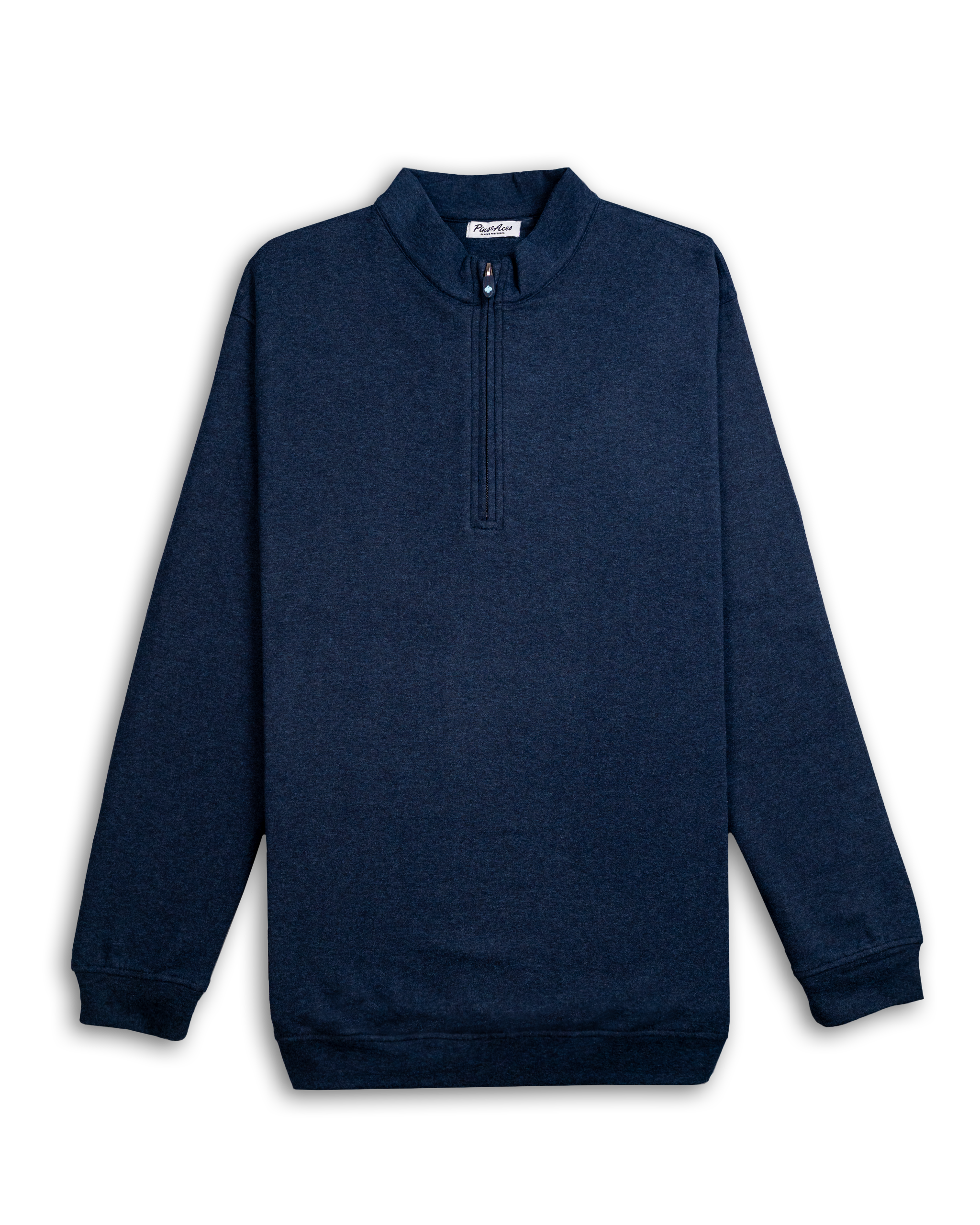 Heathered navy pullover with a quarter-zip collar, long sleeves, and a relaxed fit, ideal for casual or athletic wear.
