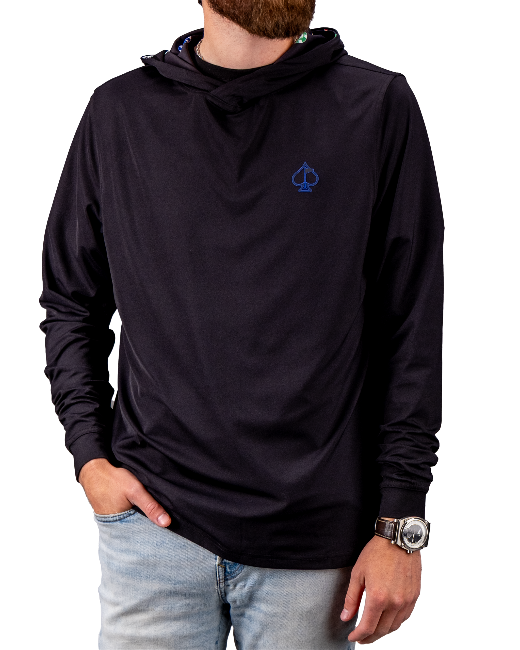 Performance golf hoodie with a subtle blue spade logo on the chest, long sleeves, and a comfortable fit.