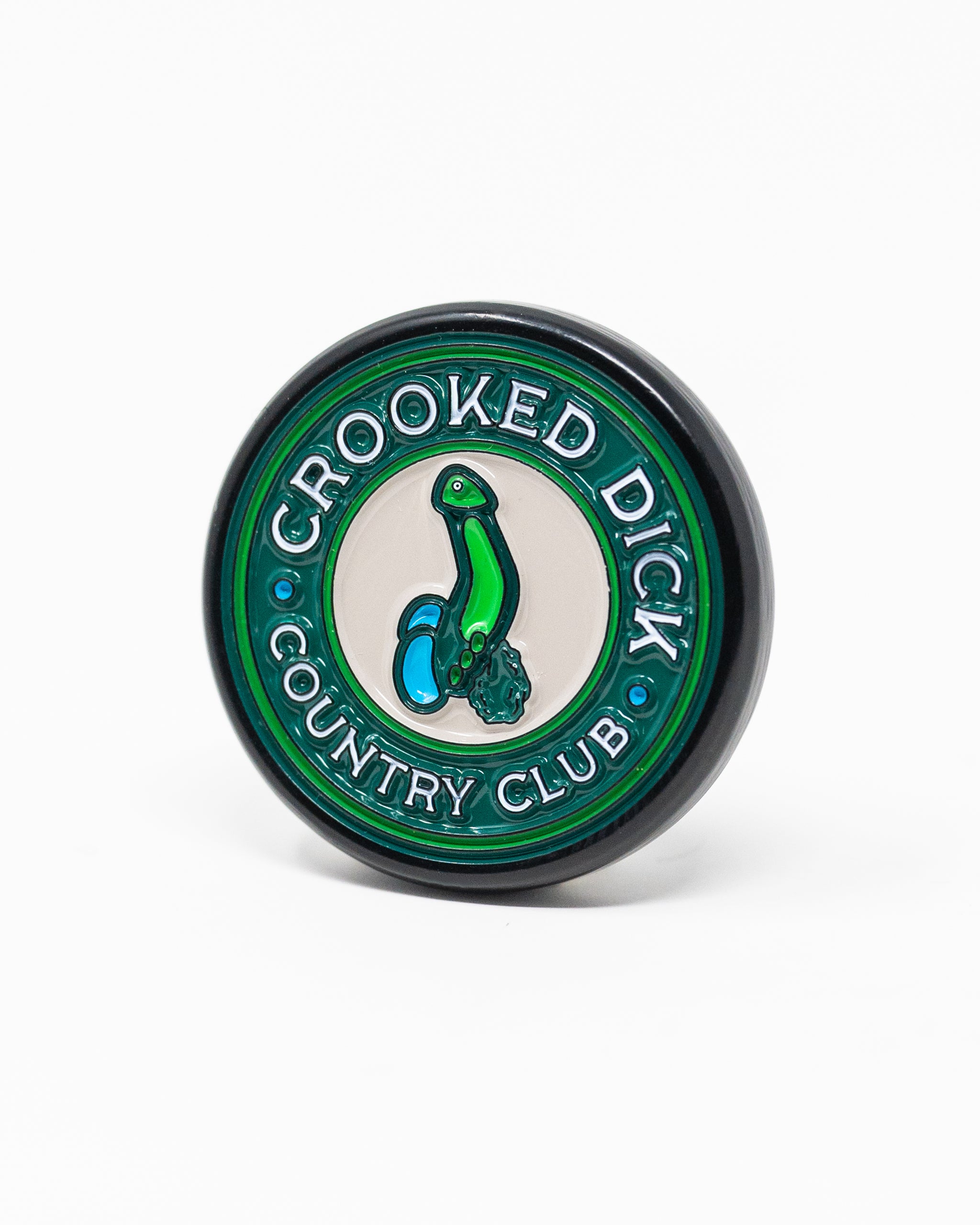 Pop Out Medallion Ball Marker featuring a Crooked Dick design, showcasing vibrant colors and a circular shape for easy use on golf courses.