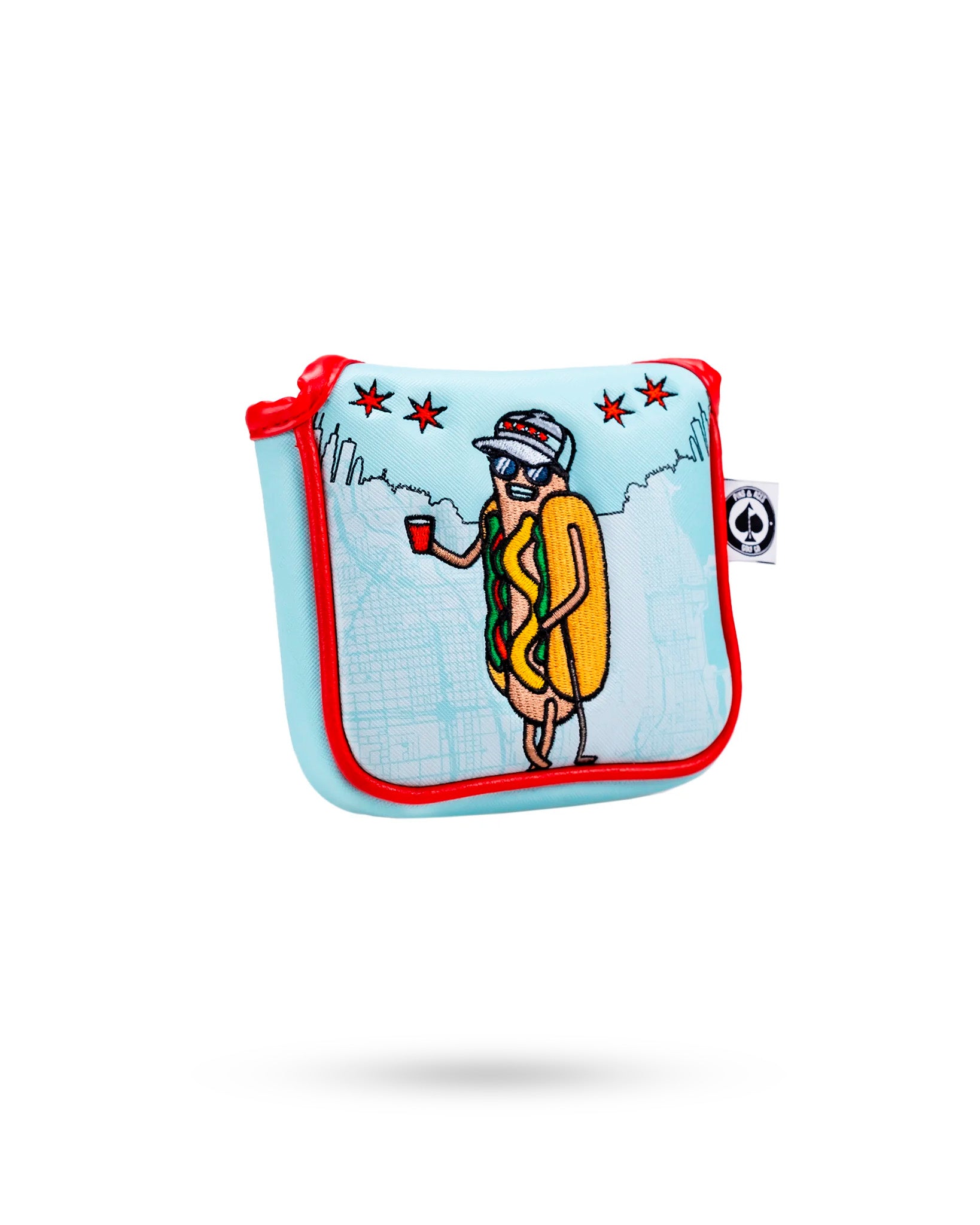 Alt text: Chicago Dog-themed mallet putter cover featuring a vibrant design with hot dog graphics, perfect for golf enthusiasts.