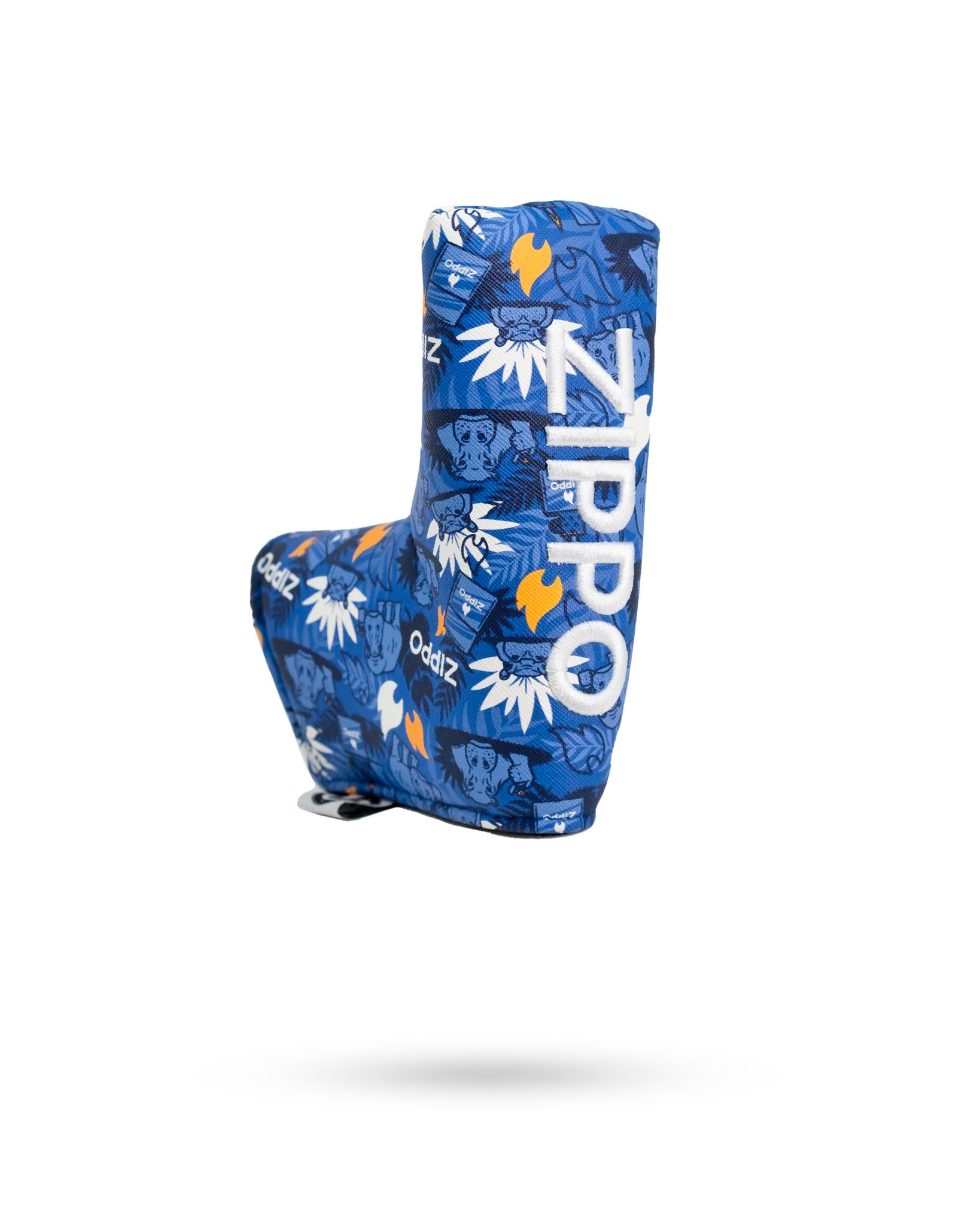 Blue Zippo blade putter cover with a colorful graphic design featuring animals, flames, and the Zippo logo.
