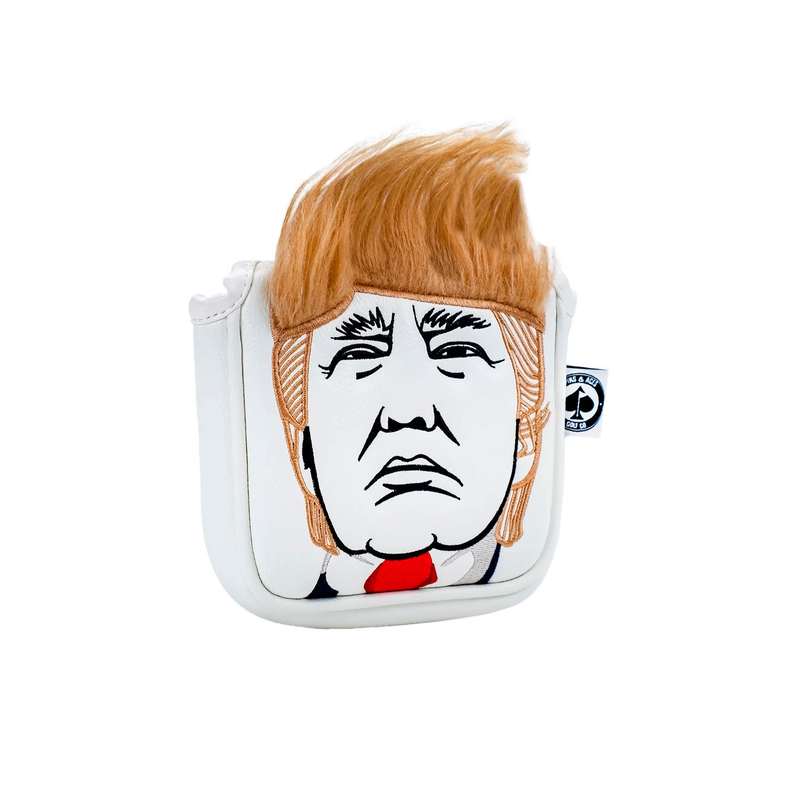 Golf headcover featuring a cartoon caricature of Donald Trump with exaggerated hair, white background, and bold black outl...