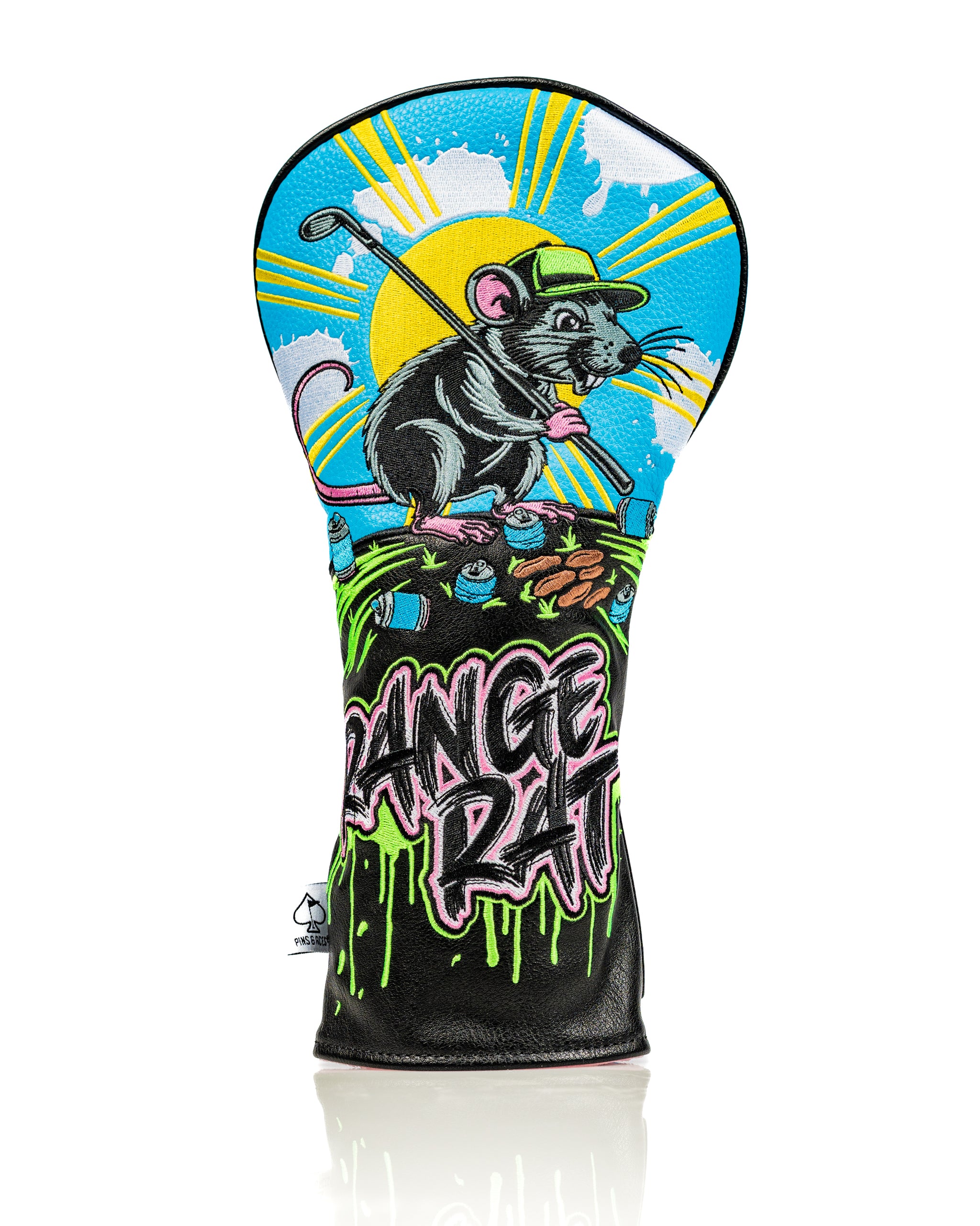 Colorful driver cover featuring a cartoon mouse golfing under a sun, with "Range Rat" boldly displayed. Perfect for standout style.