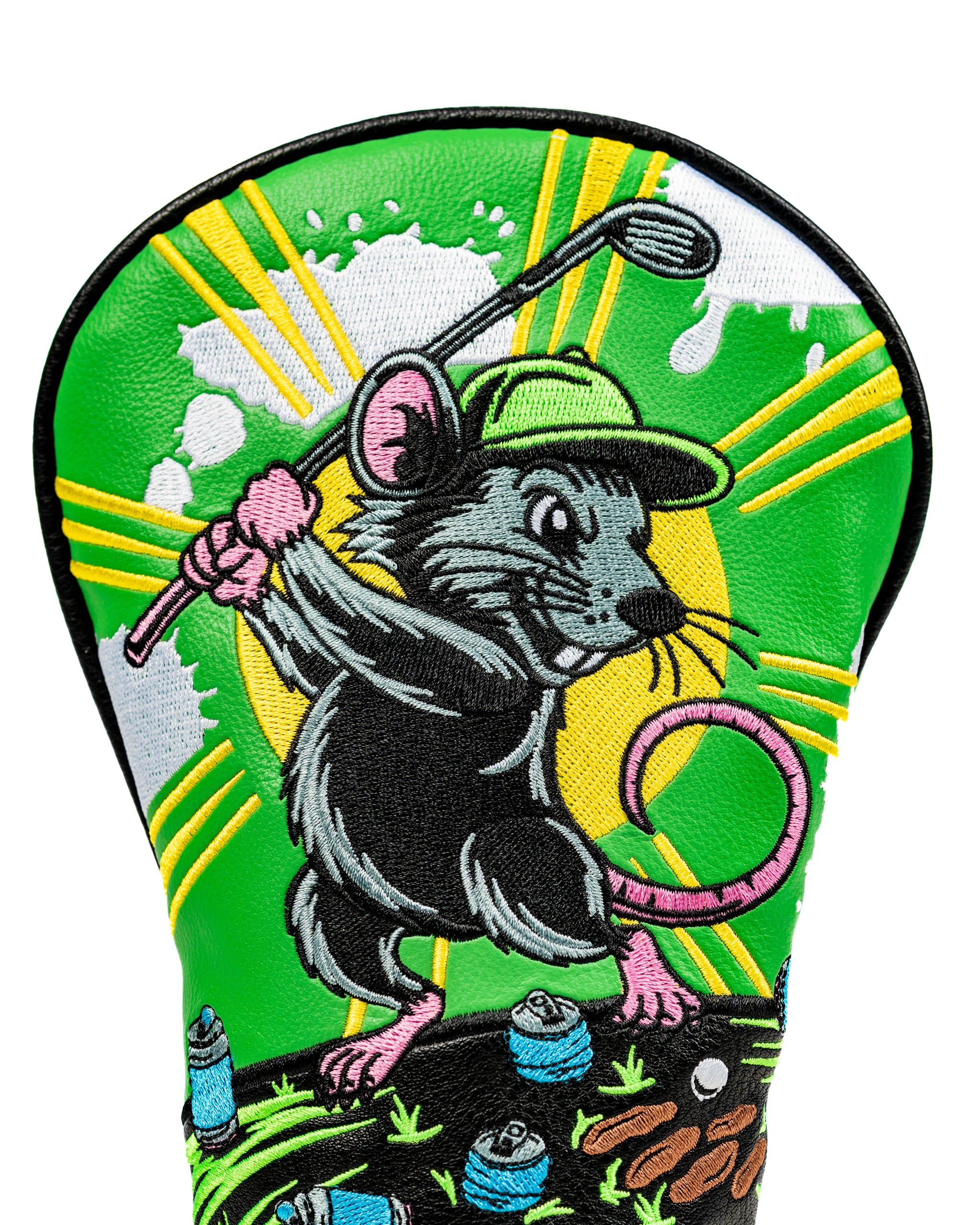 Colorful fairway cover featuring a cartoon mouse golfer swinging a club against a vibrant green background.