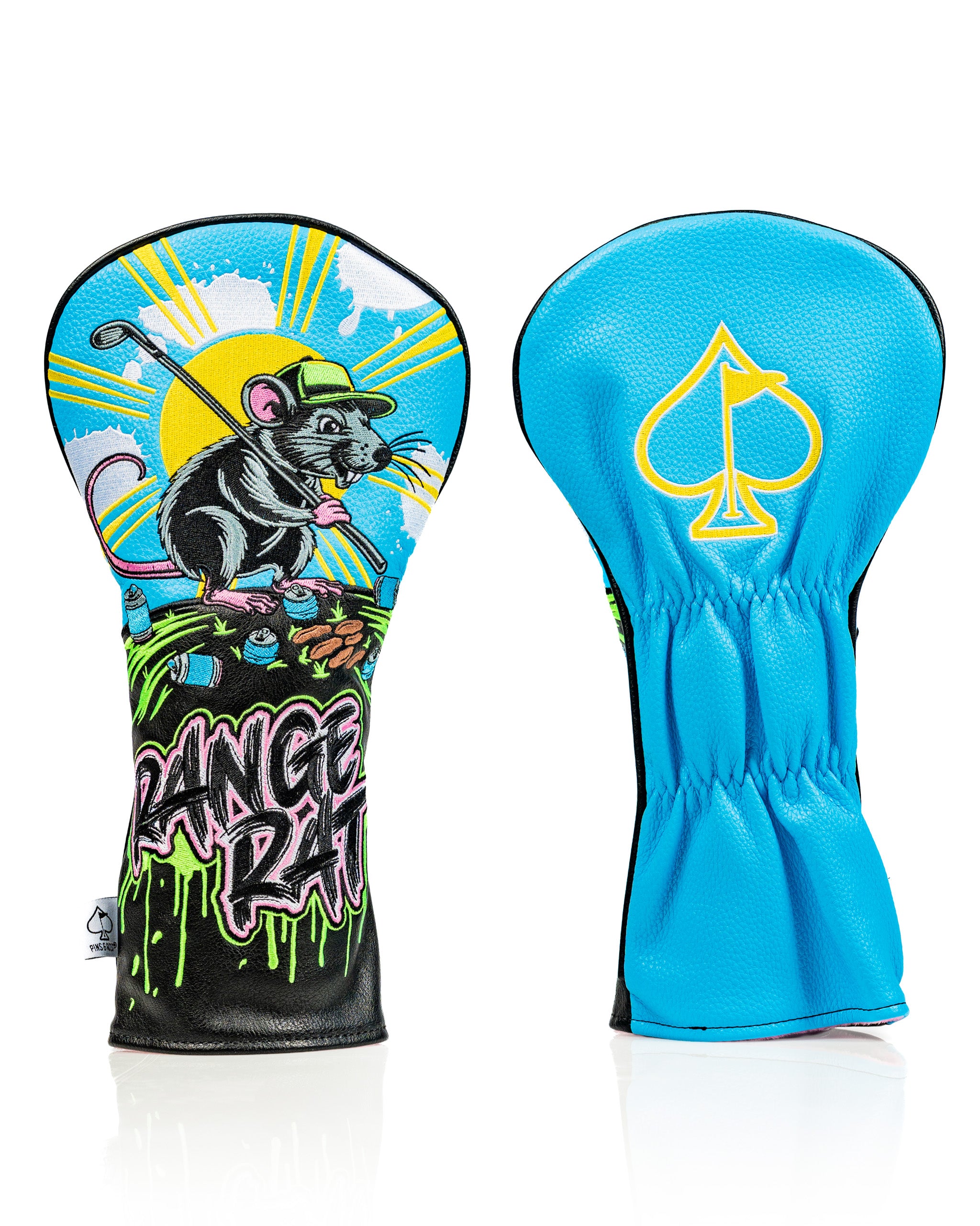 Bold driver cover featuring a colorful graphic of a rat golfing, with vibrant colors and a playful design.