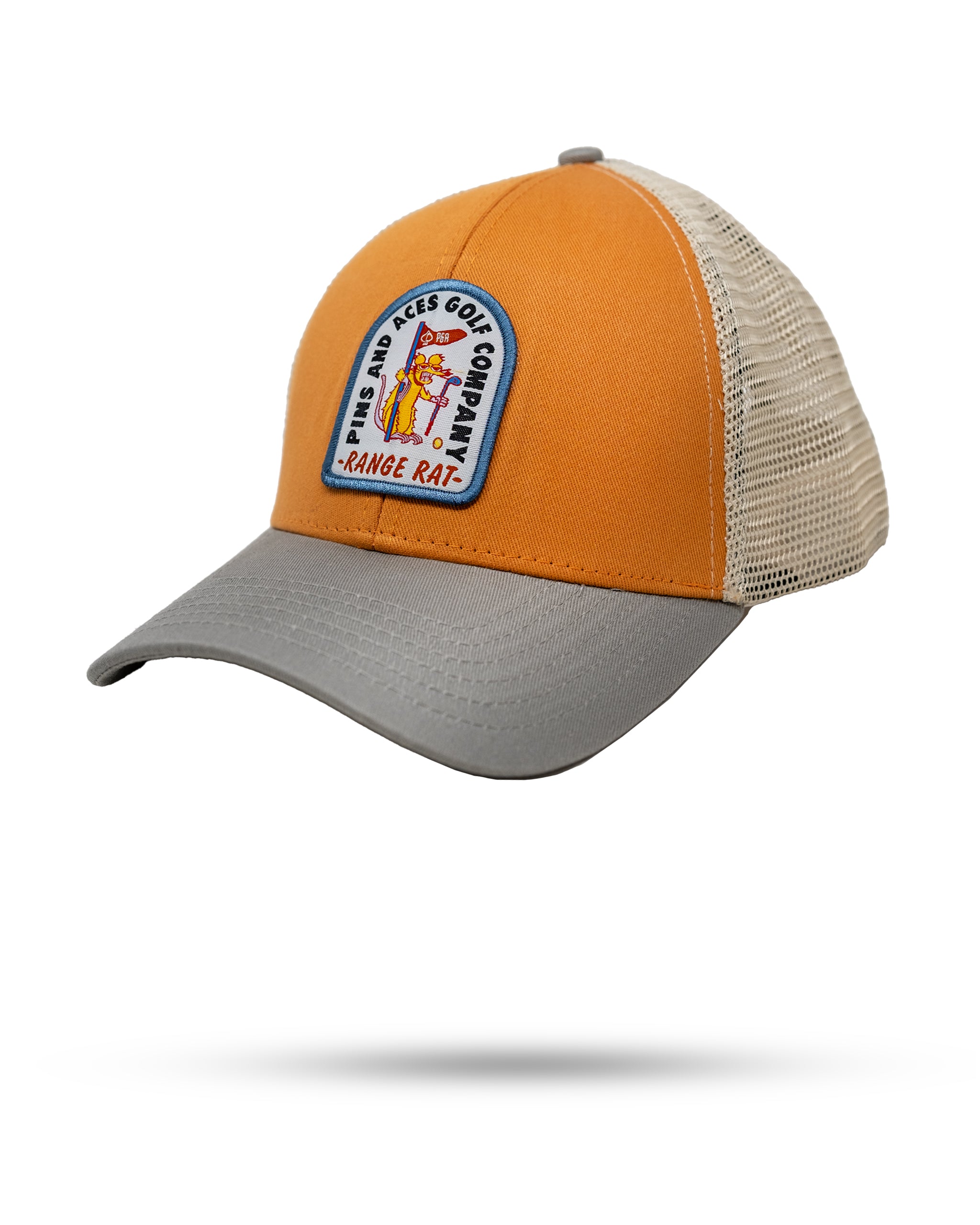 Orange trucker hat with "Range Rat" embroidered on the front, featuring a mesh back and adjustable snap closure.