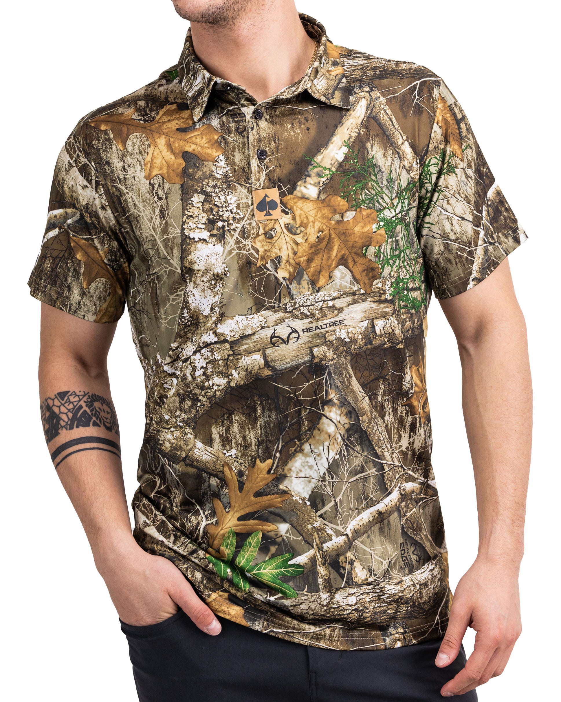 Realtree Edge Polo shirt featuring a camouflage design, suitable for outdoor activities and golf.