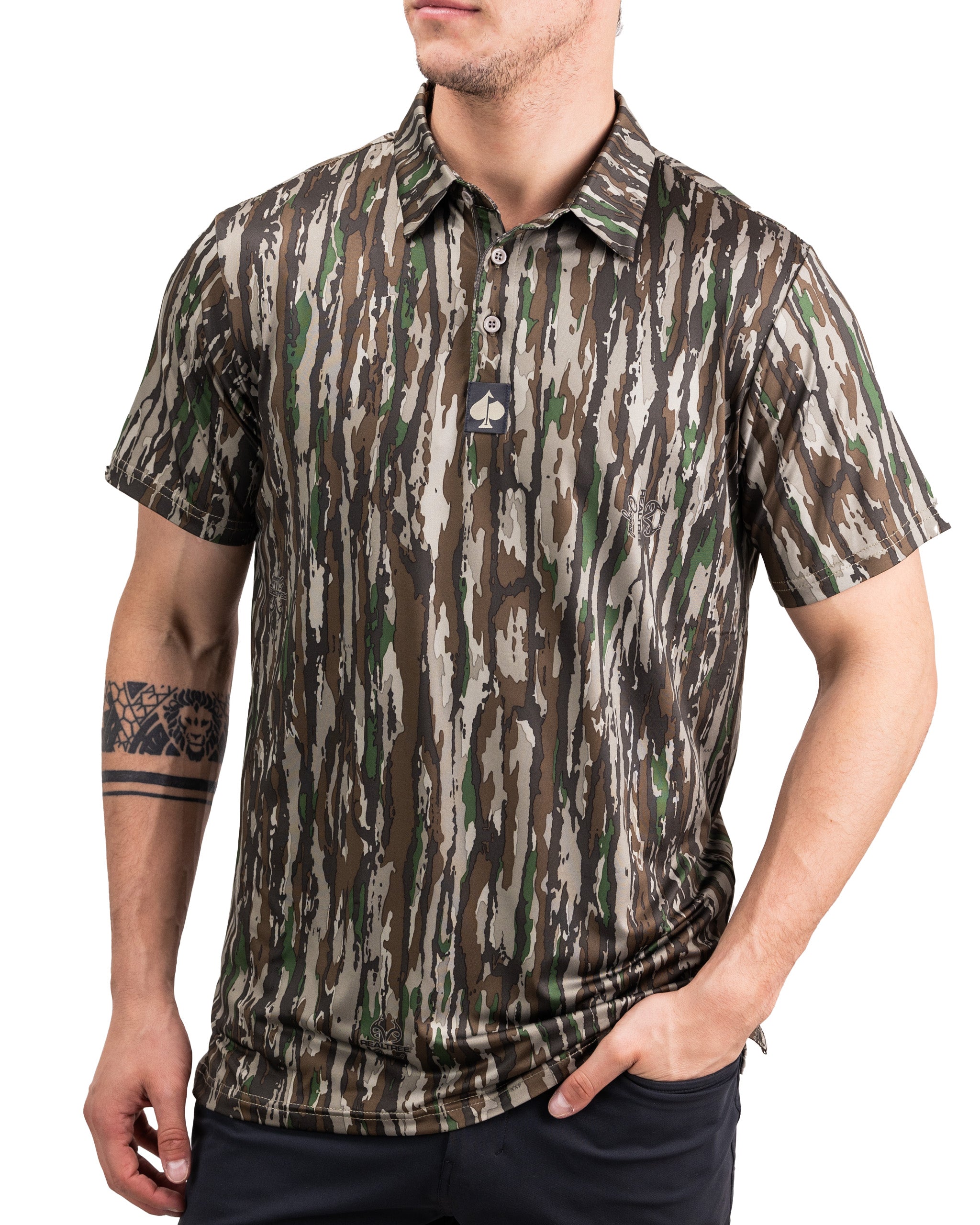 Realtree Original Polo shirt featuring a camouflage pattern, short sleeves, and a classic collar.
