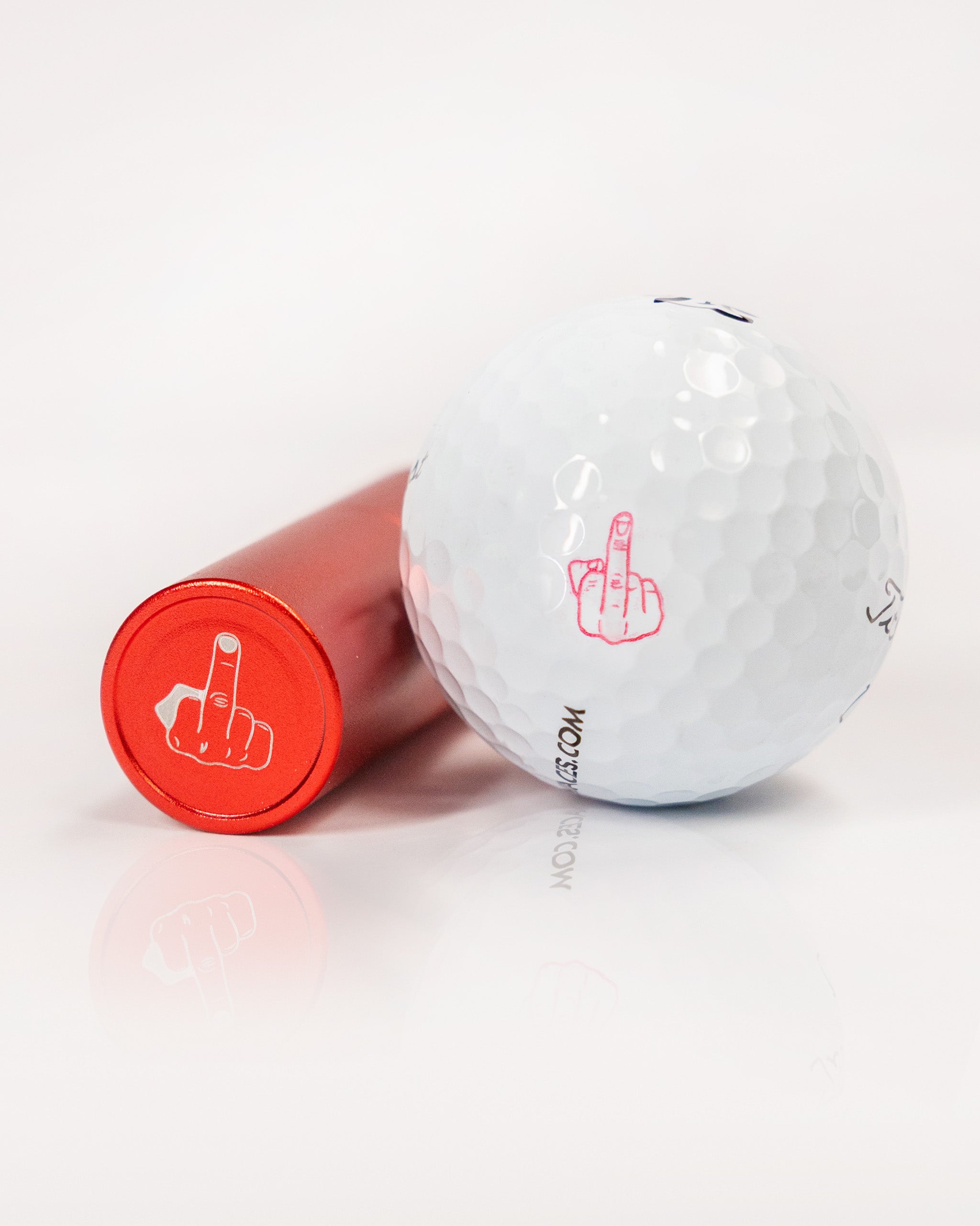 Golf ball and red marker with a middle finger gesture stamp design for humorous or bold marking.