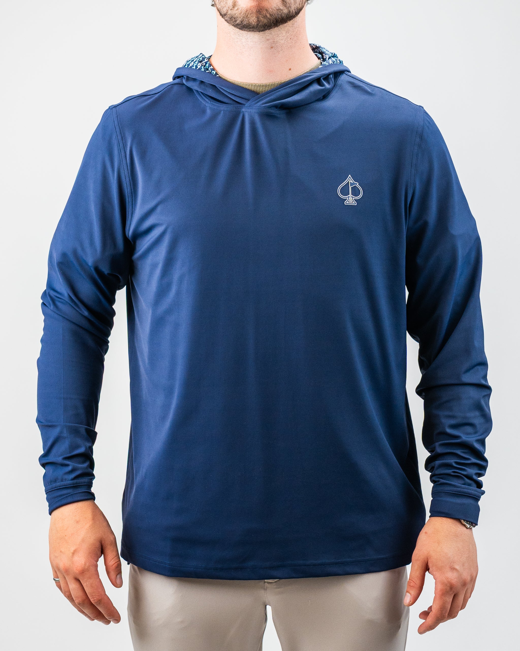 Men's navy blue golf hoodie with a small spade logo, lightweight, sporty, and perfect for bold golf style.