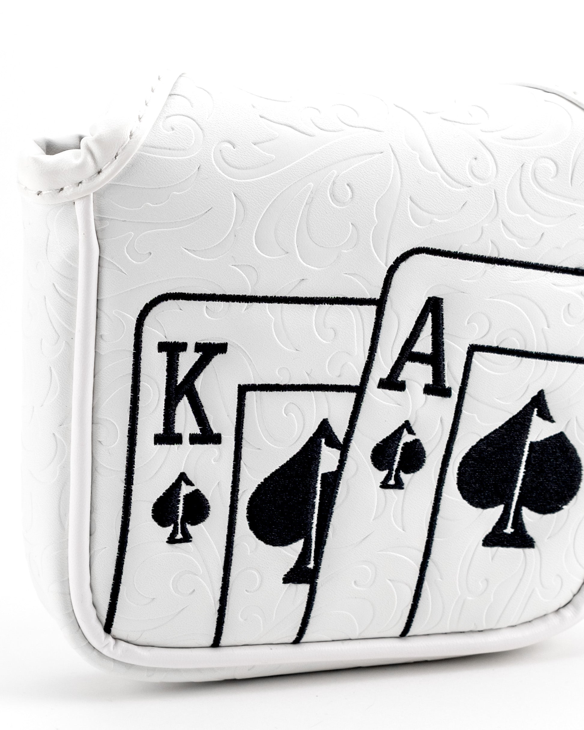 White golf headcover with black embroidered playing cards: King, Ace, and 4 of Spades, featuring bold, edgy design for sta...