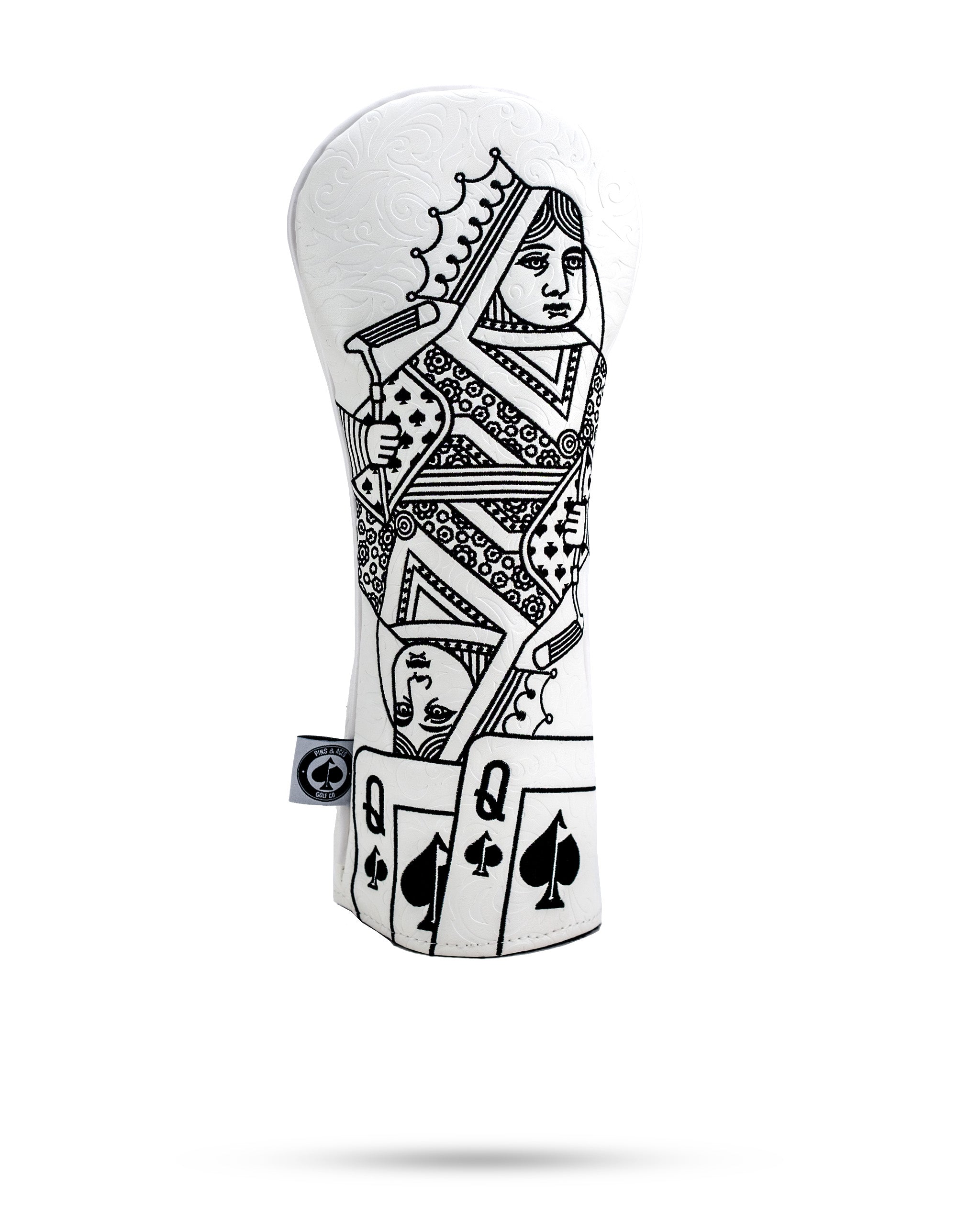 Black and white golf headcover featuring bold, artistic queen of spades design for standout style on the course.