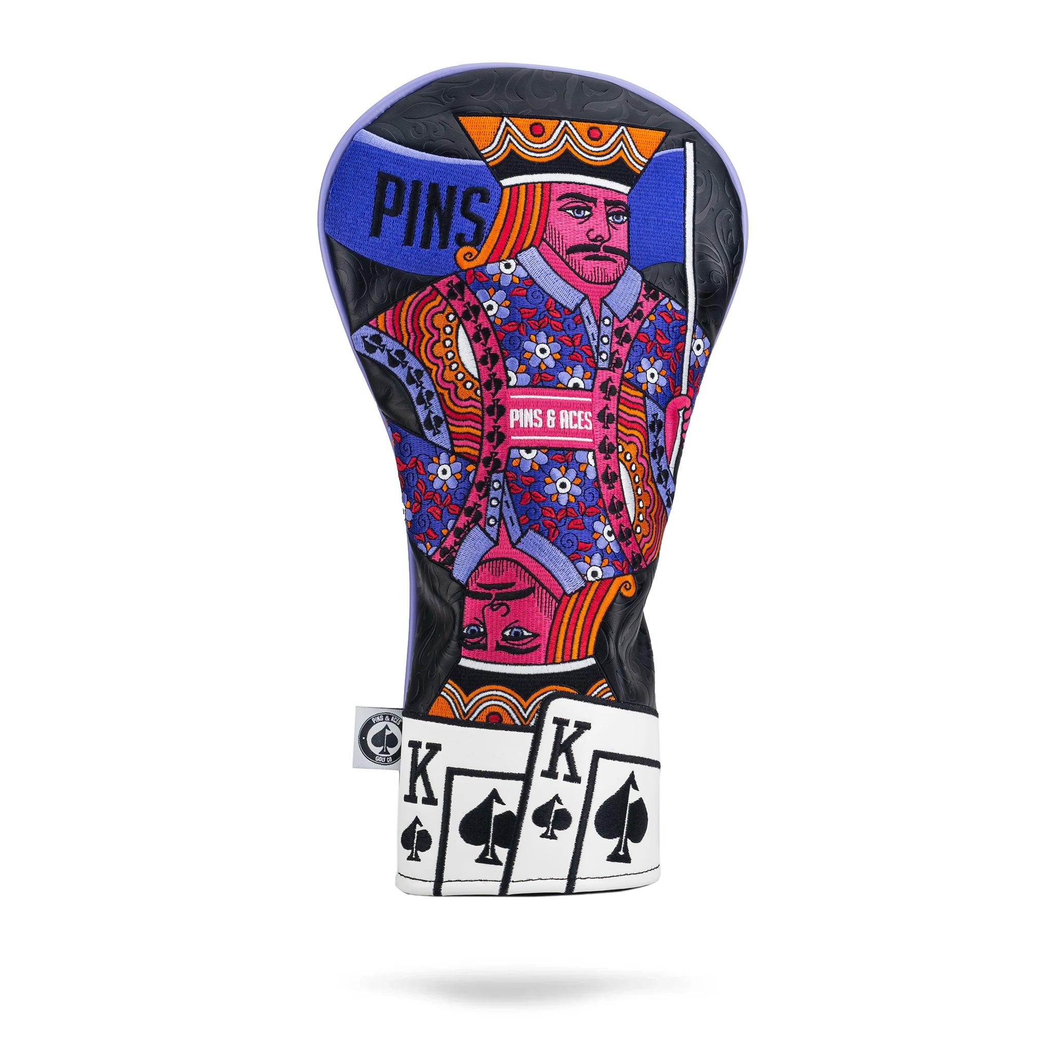 Colorful golf headcover featuring a bold, embroidered playing card design with a queen motif, black, purple, orange, and p...