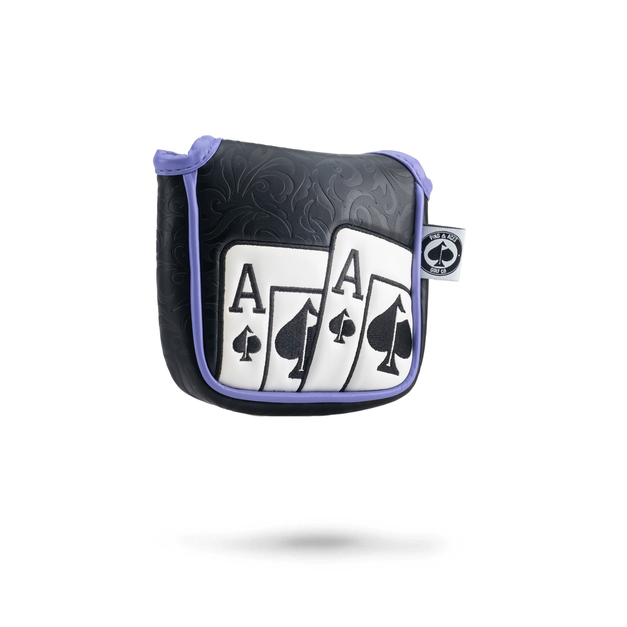 Black golf headcover with purple piping featuring embroidered playing cards (Aces of spades, hearts, diamonds, clubs).